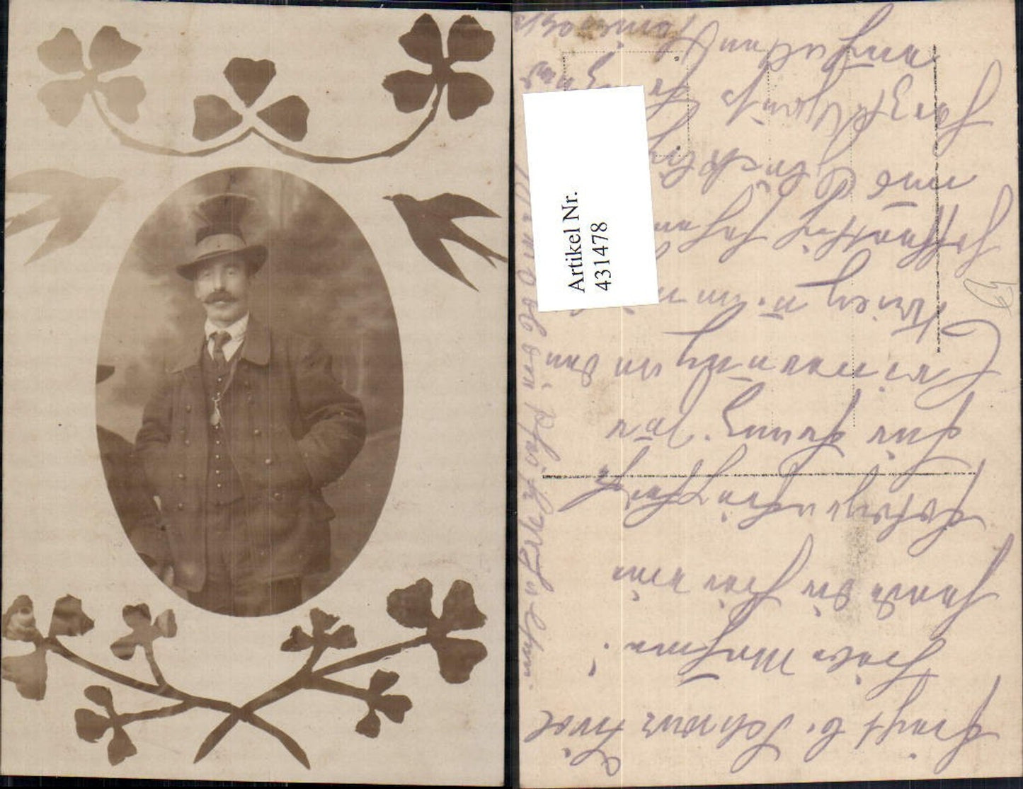 431478, Photo Ak Man Suit Hat Traditional Hat Portrait Passepartout Flowers Swallows