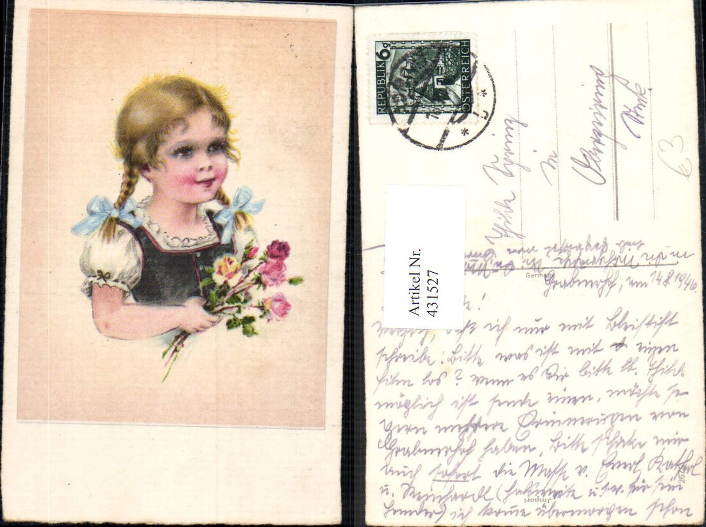 431527,Künstler Ak Kind Mädchen Zöpfe Portrait m. Blumen Blumenstrauß