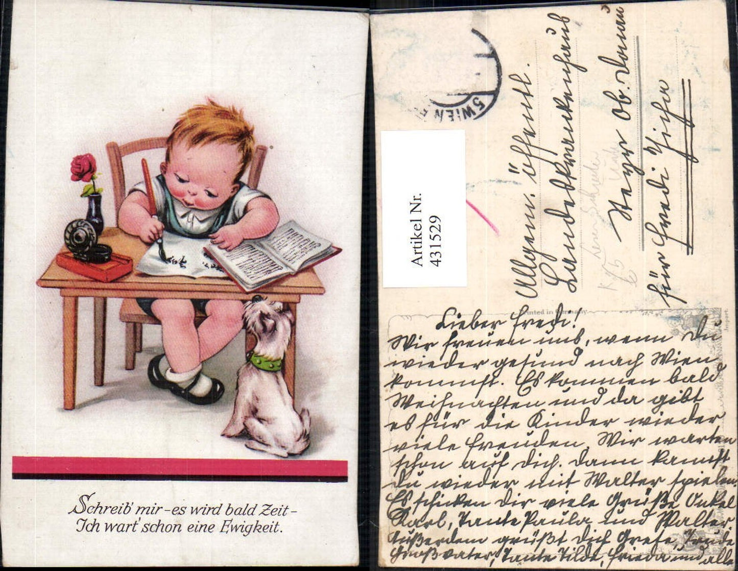 431529,Künstler Ak Kind Bub Junge Lesen Schreiben Hund Spruch