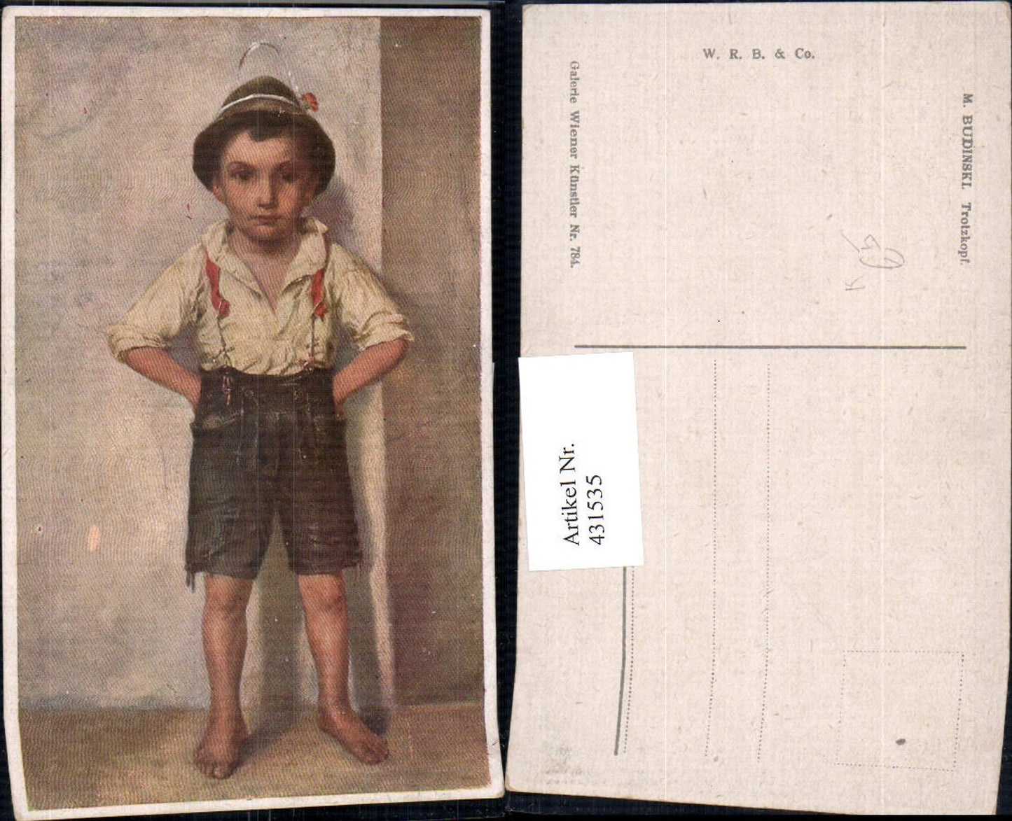 431535,Künstler Ak M. Budinski Trotzkopf Kind Bub Junge Tracht Federhut Hut