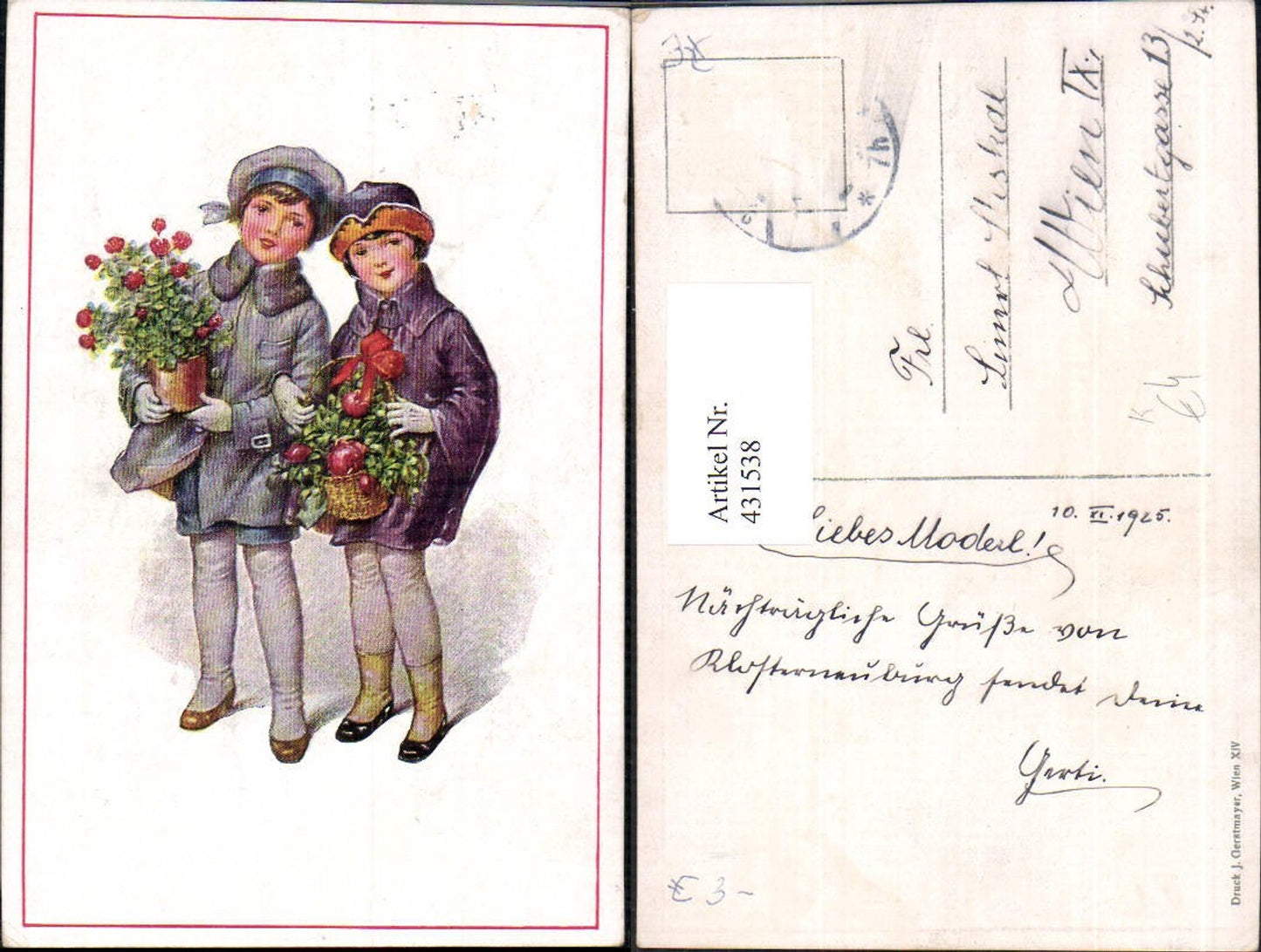 431538,Künstler Ak Kinder Mädchen Mantel Hut Korb Blumen Rosentopf