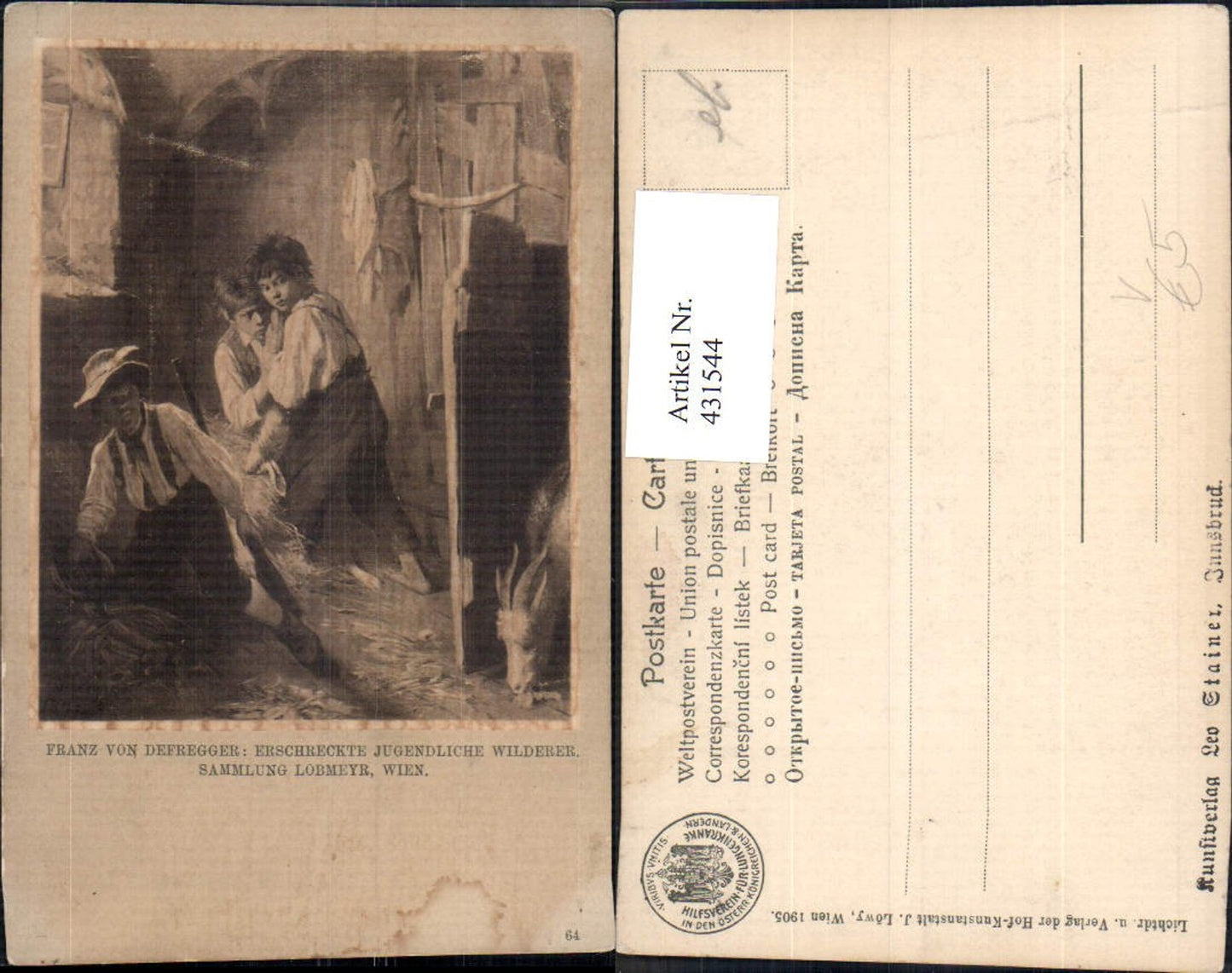 431544,Künstler Ak Franz v. Defregger Erschreckte Jugendliche Wilderer Jagd Kinder pub J. Löwy Wien 64