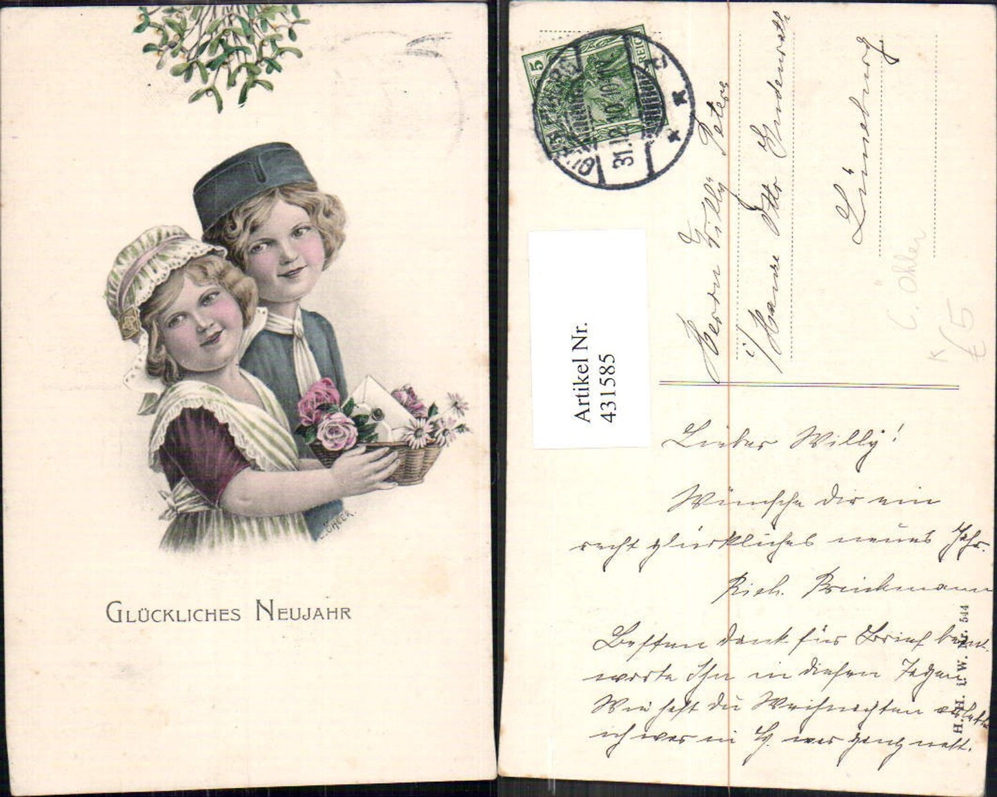431585,Künstler Ak C. Öhler Kinder Korb m. Rosen Blumen Kuvert Neujahr