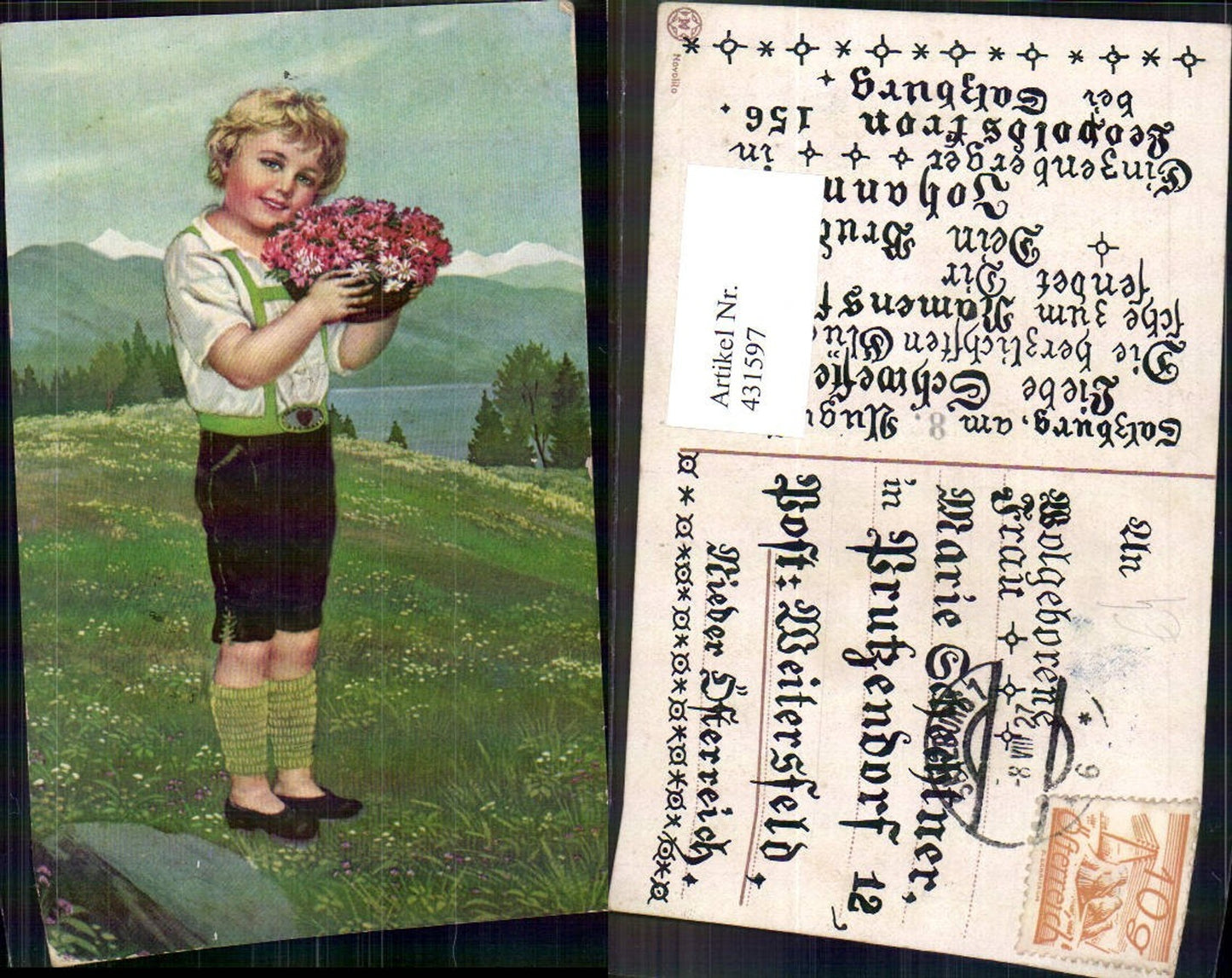 431597,Künstler Ak Kind Blonder Bub Junge Tracht Korb m. Blumen