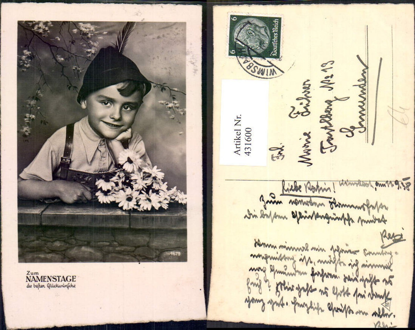 431600, Photo Ak Child Boy Traditional Costume Feathered Hat Daisies Flowers Name Day