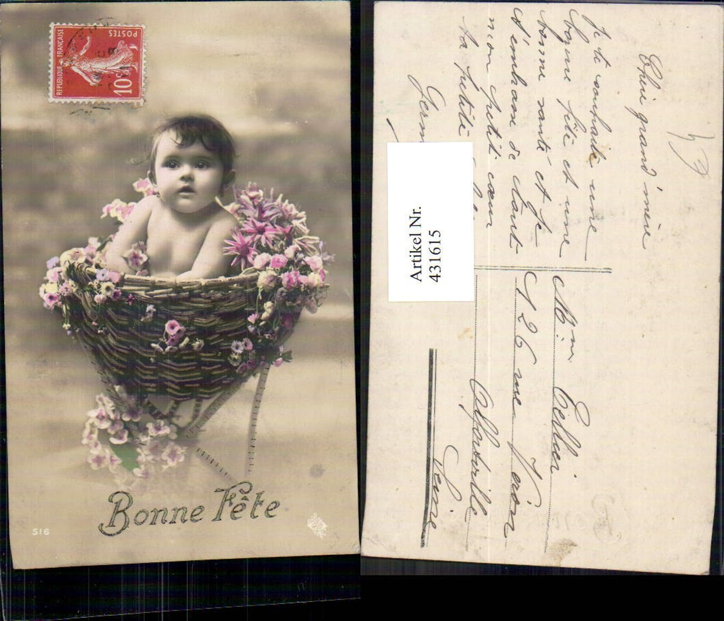 431615,Foto Ak Kind Kleinkind Korb Blumen Bonne Fete