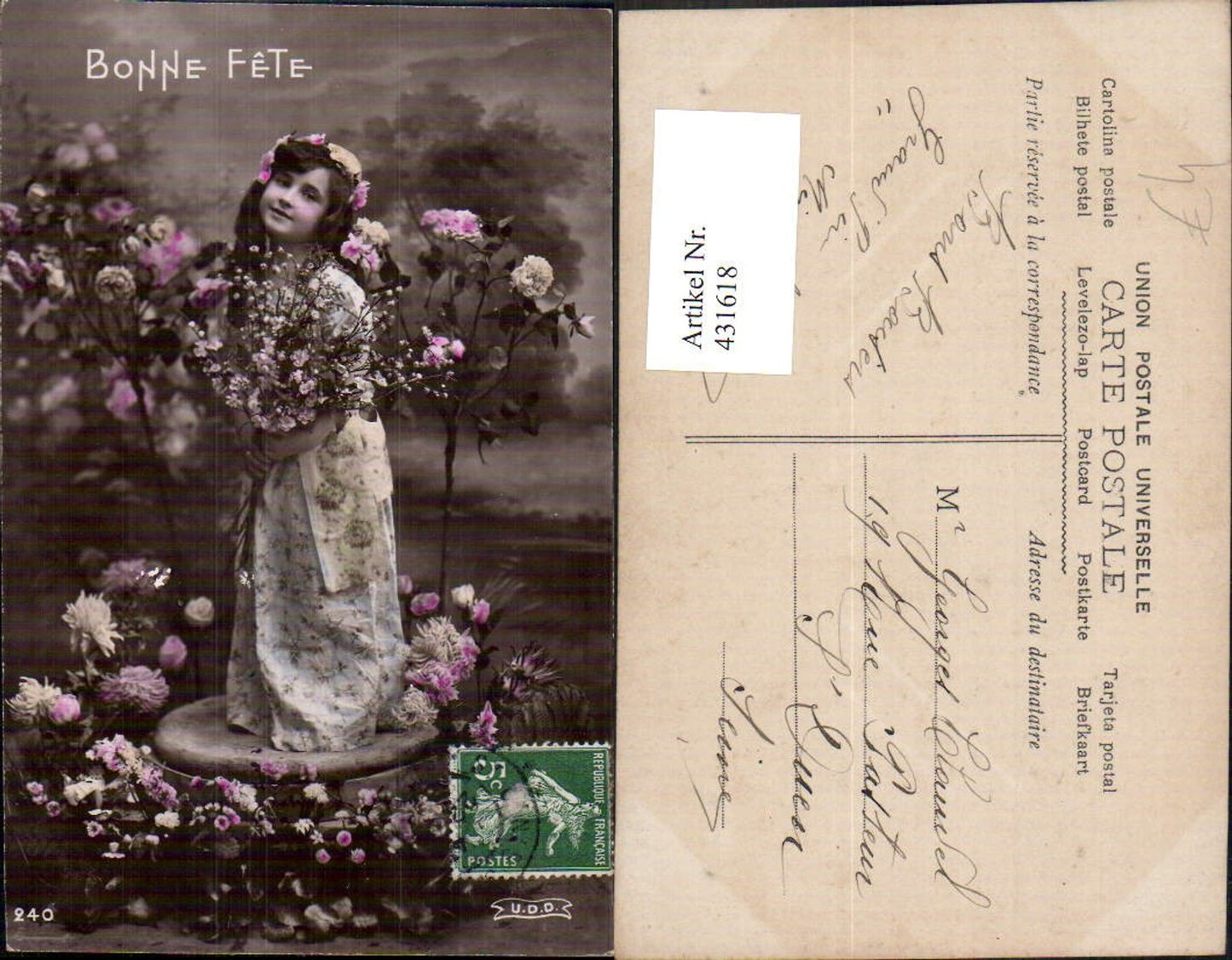 431618,Foto Ak Kind Mädchen Kleid Blumen Strauß Bonne Fete