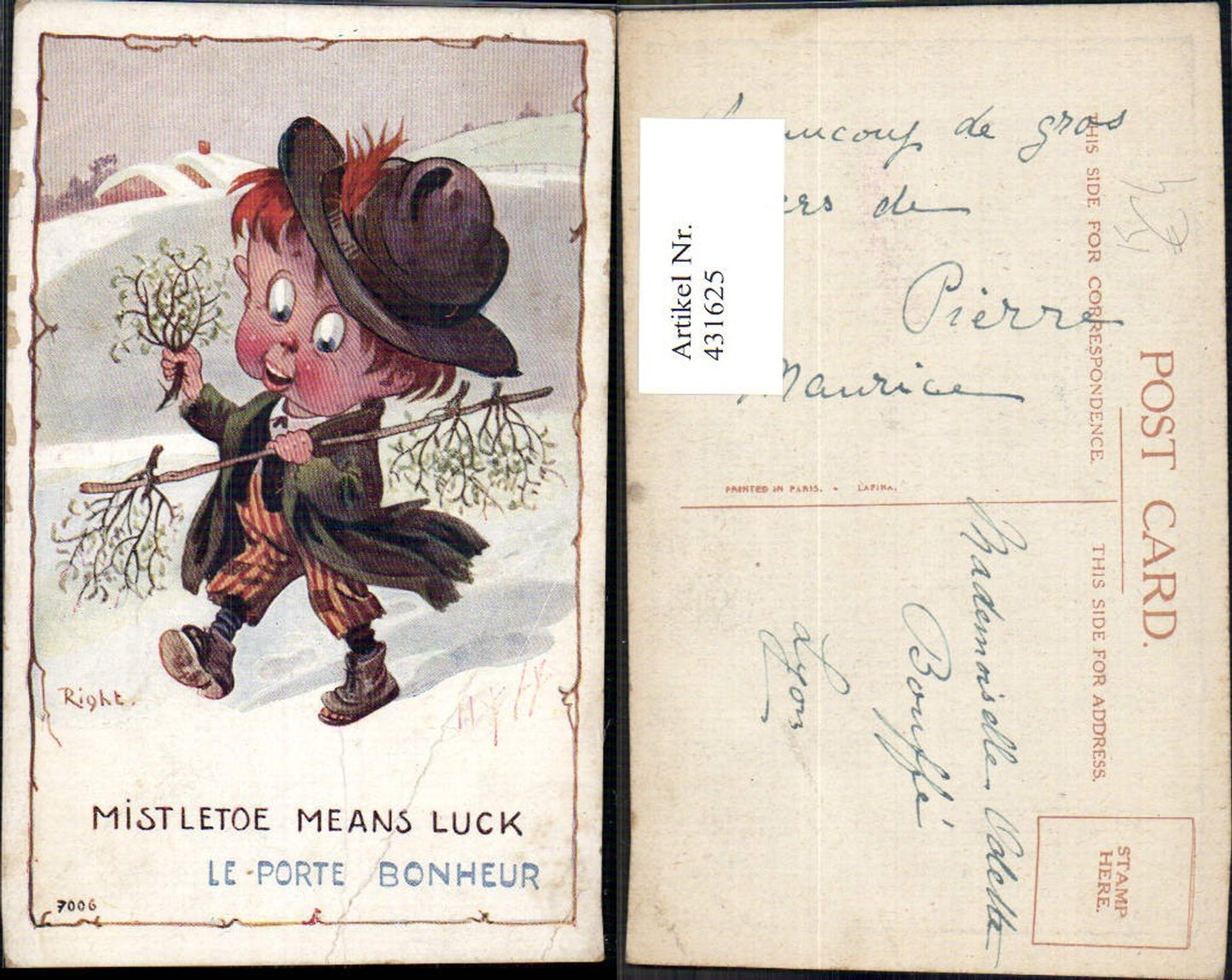 431625,Künstler Ak Right Kind Bub Junge Wanderstock Mistelzweige Winterlandschaft