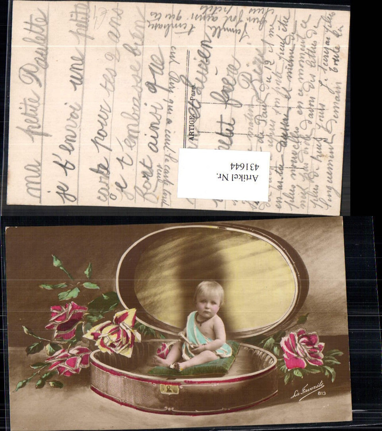 431644,Fotomontage Kind Kleinkind sitzt i. Dose Rosen Blumen