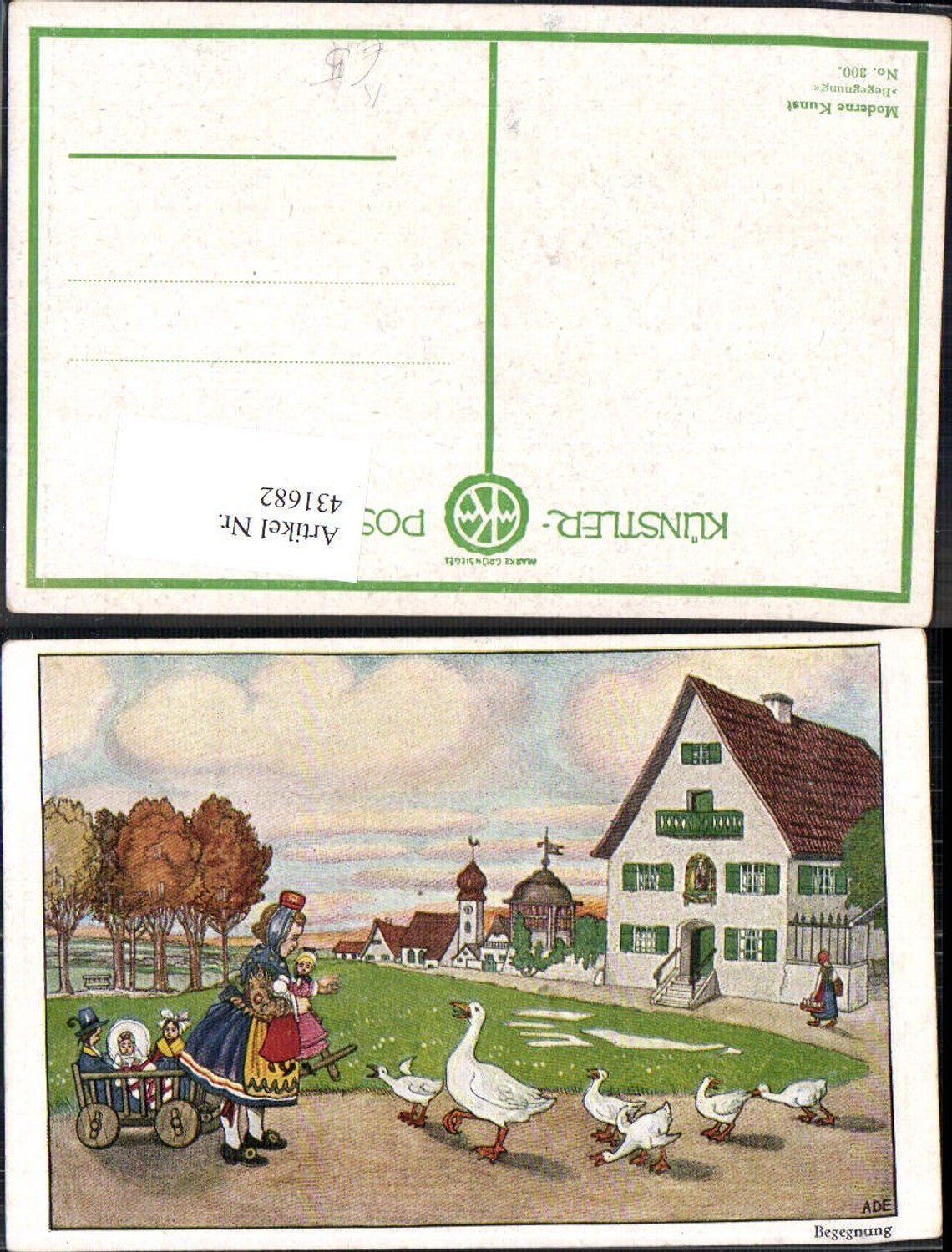 431682,Künstler Ak Begegnung Mädchen Leiterwagen Gänse Puppen Spielzeug