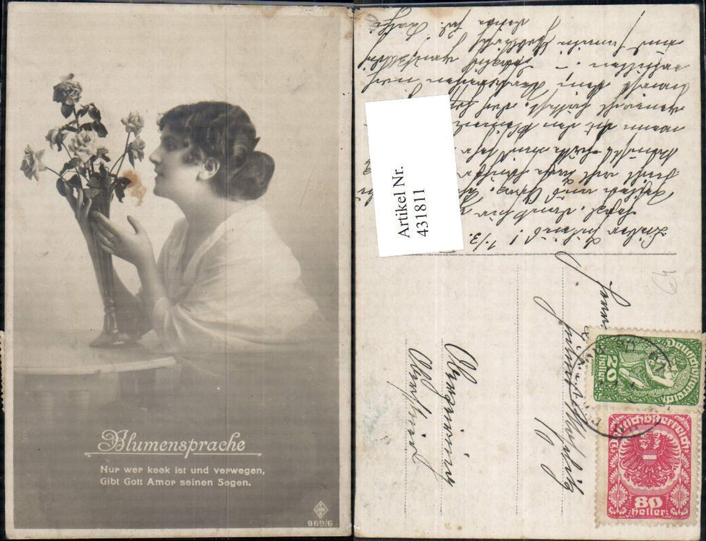 431811,Frau Vase m. Rosen Blumen Blumensprache Text