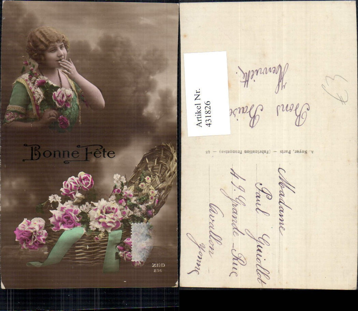 431826,Frau Portrait Korb m. Rosen Blumen Bonne Fete