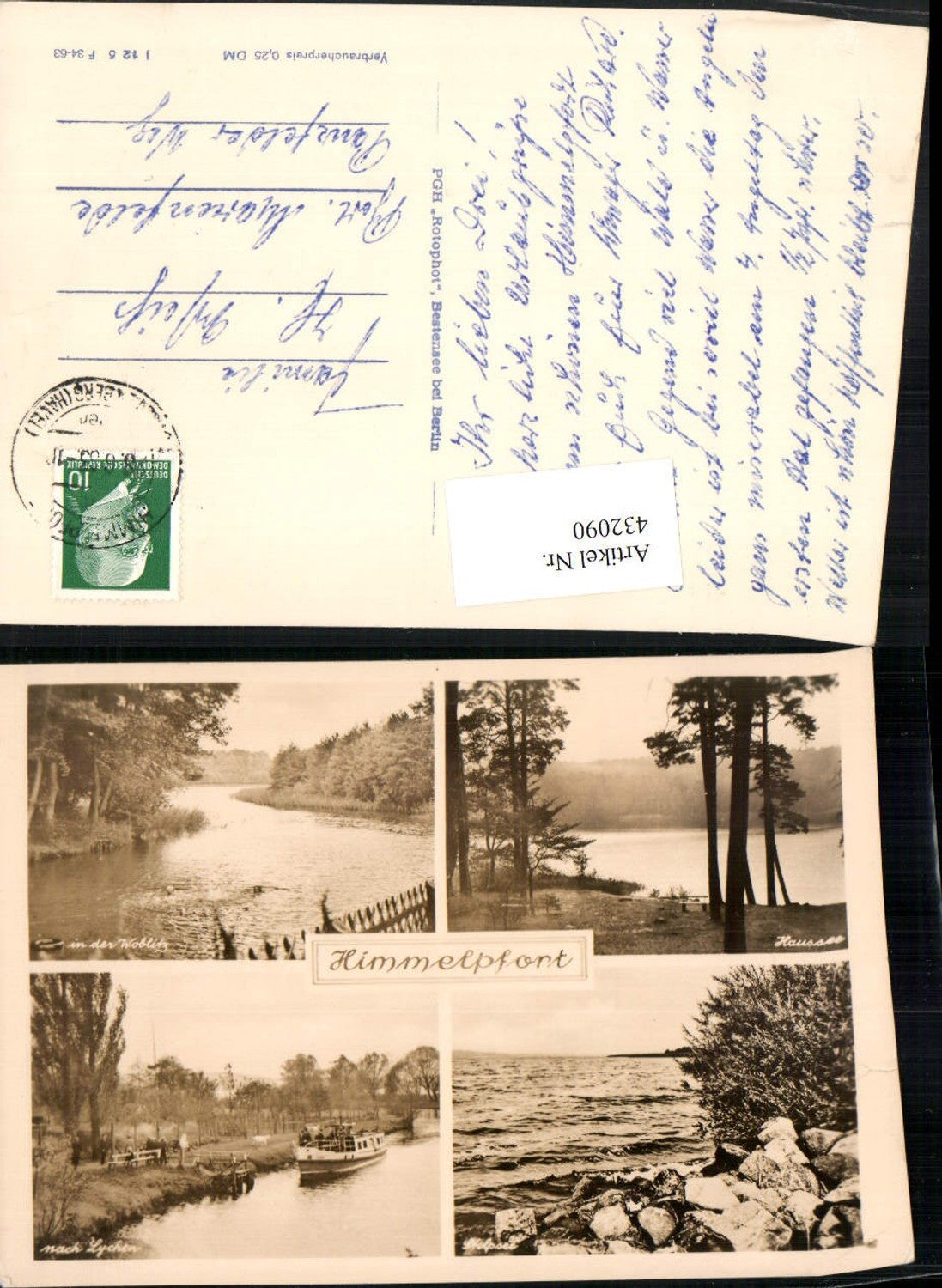 432090, Himmelpfort near Fürstenberg, Haussee, lake, coast, boat, multi-view postcard