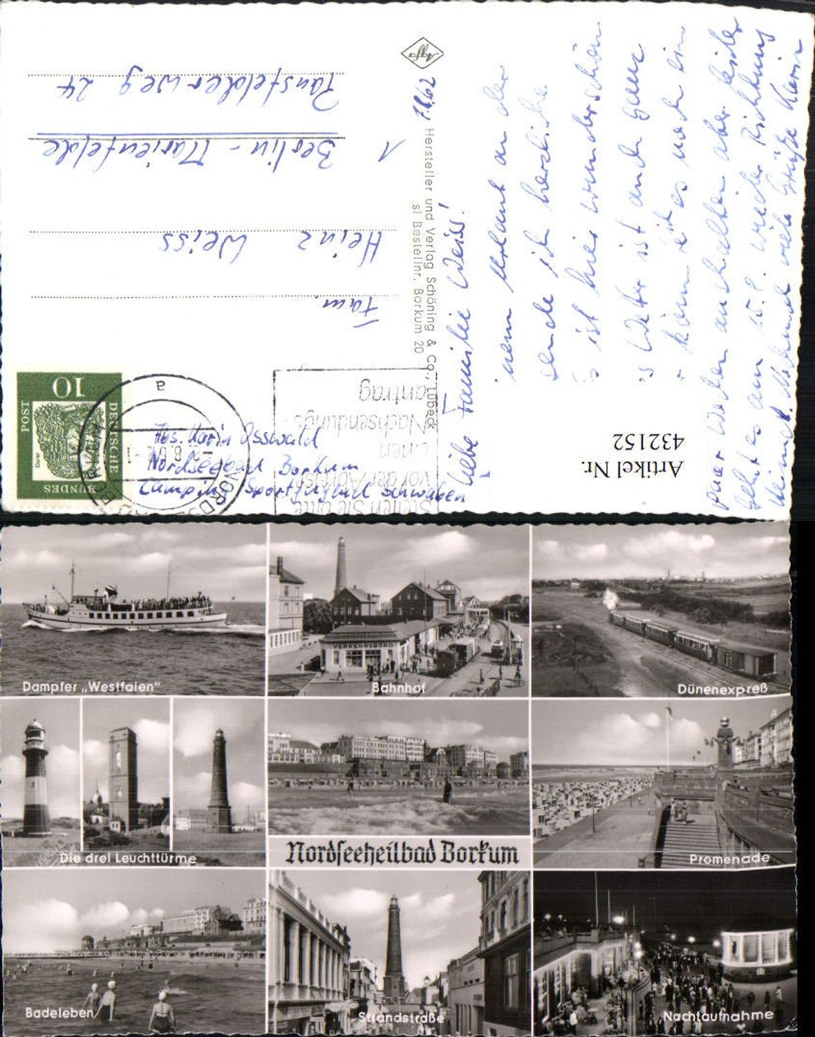432152,Nordseebad Borkum Bahnhof Dampfer Zug Promenade Leuchttürme Mehrbildkarte