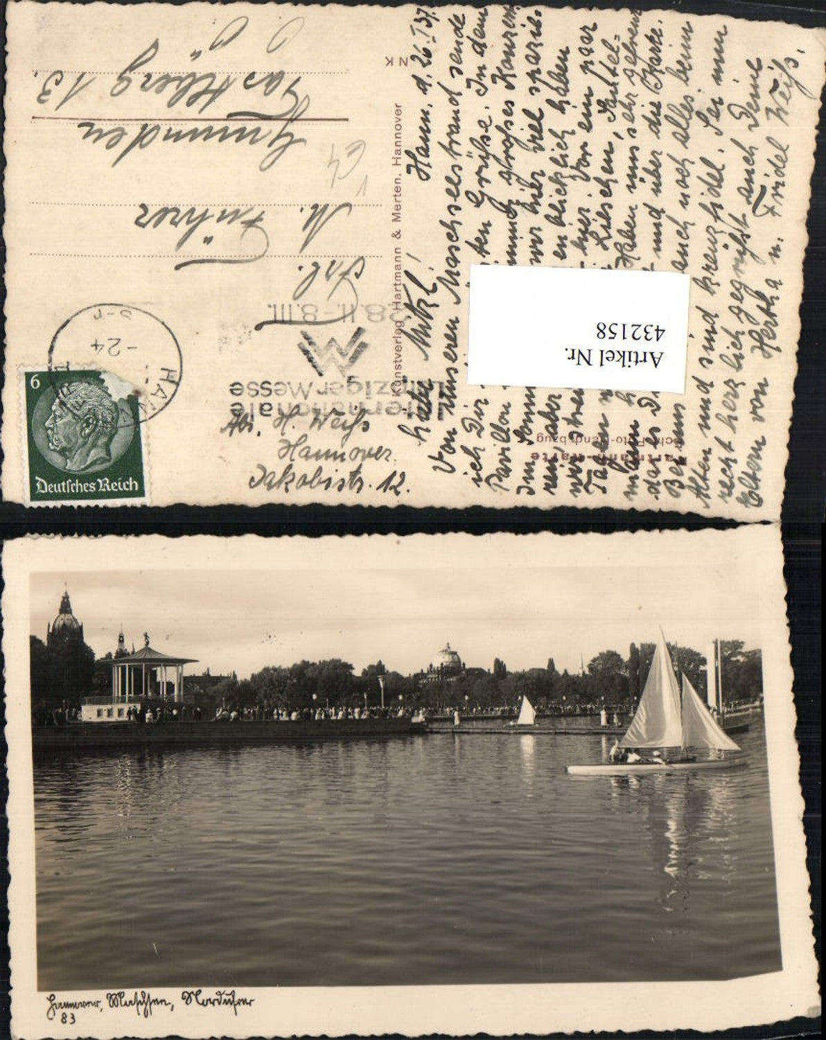 432158,Hannover Maschsee See Segelboot pub Hartmann Karte 83