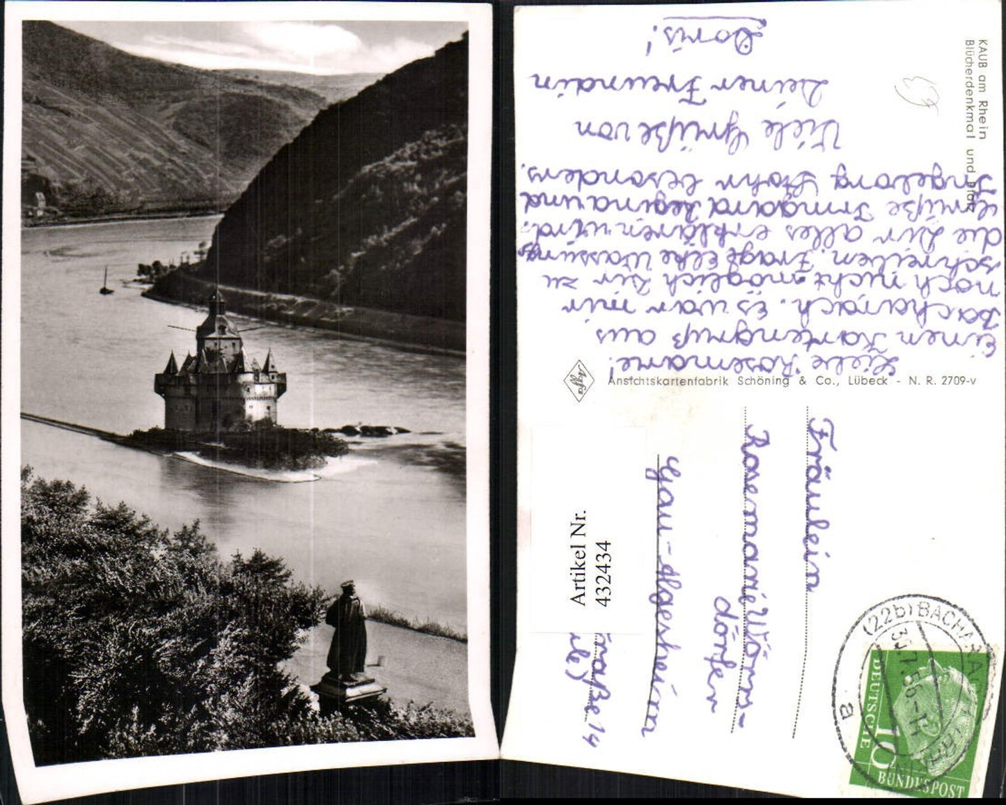 432434,Kaub am Rhein Blücherdenkmal u. Pfalz Burg