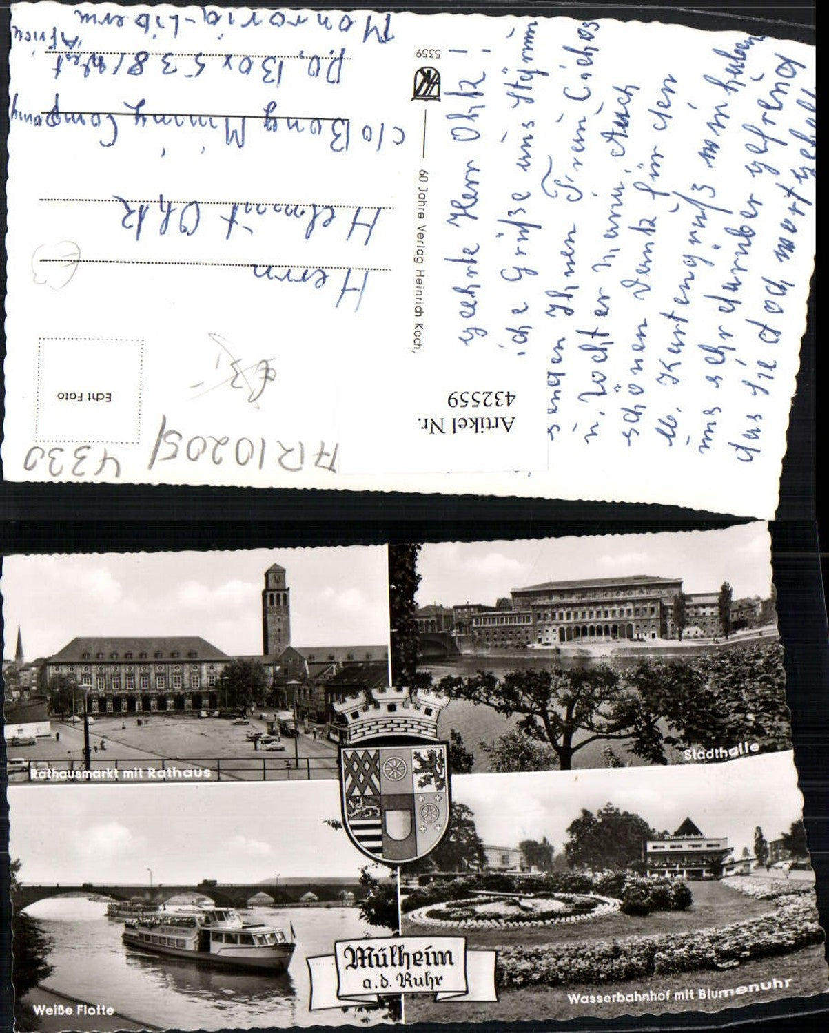 432559,Mülheim an d. Ruhr Stadthalle Rathaus Weiße Flotte Bahnhof Blumenuhr Mehrbildkarte