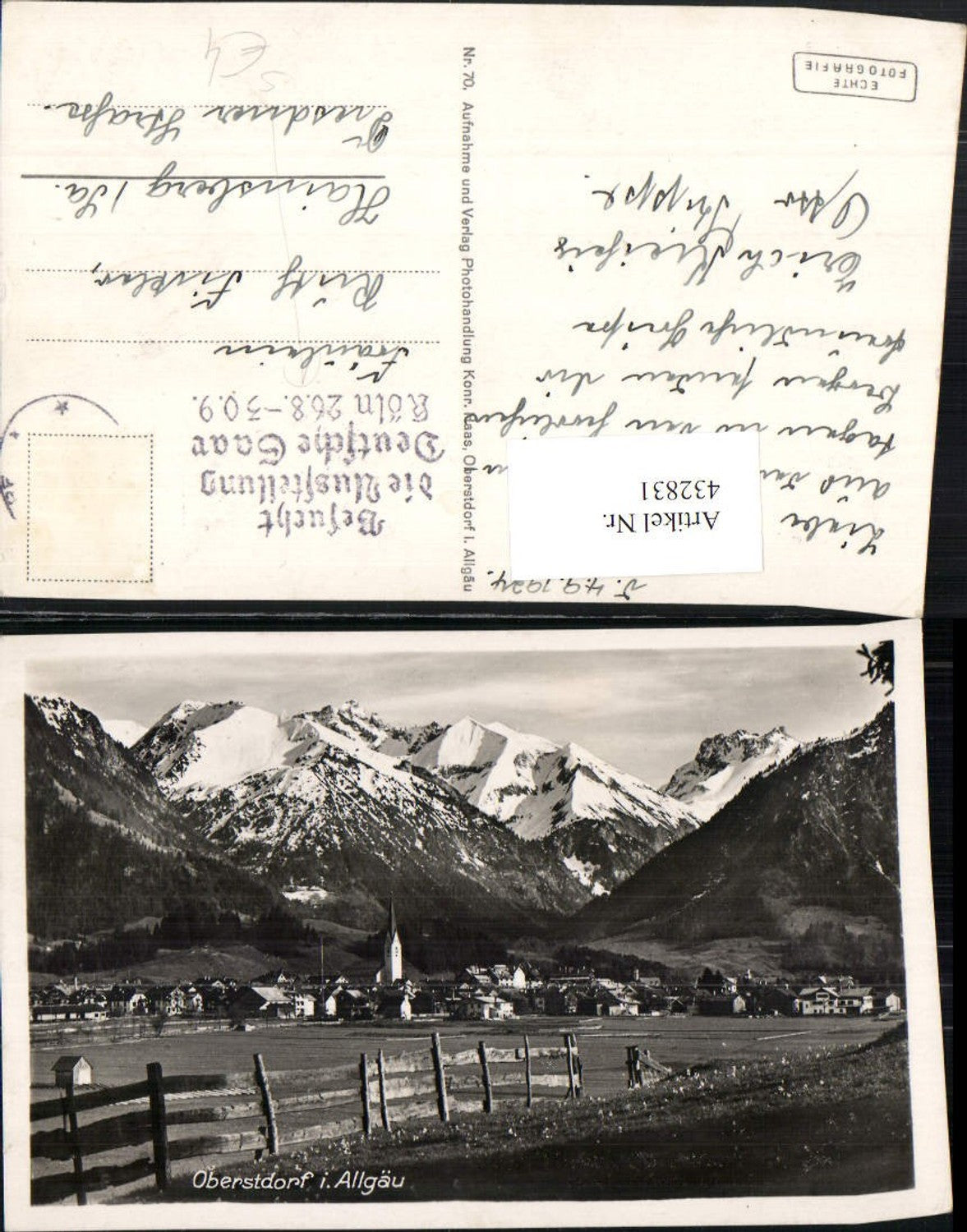 432831,Oberstdorf im Allgäu Totale Bergkulisse Ausstellung Deutsche Saar Köln 1934 Stempel