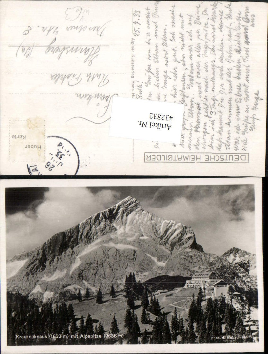 432832,Kreuzeckhaus Berghütte b. Garmisch m. Alpspitze Bergkulisse pub H. Huber 633