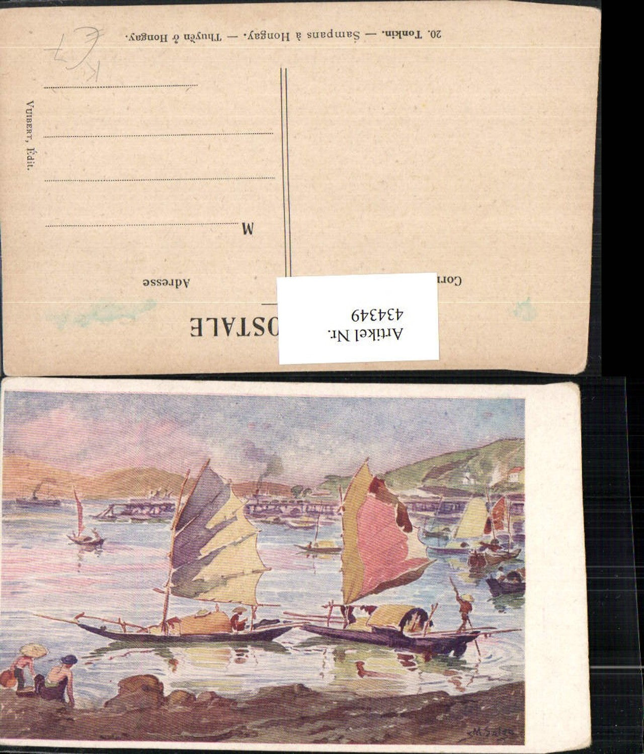 434349,Künstler AK S. M. Salge Vietnam Tonkin Sampans a Hongay Segelboote