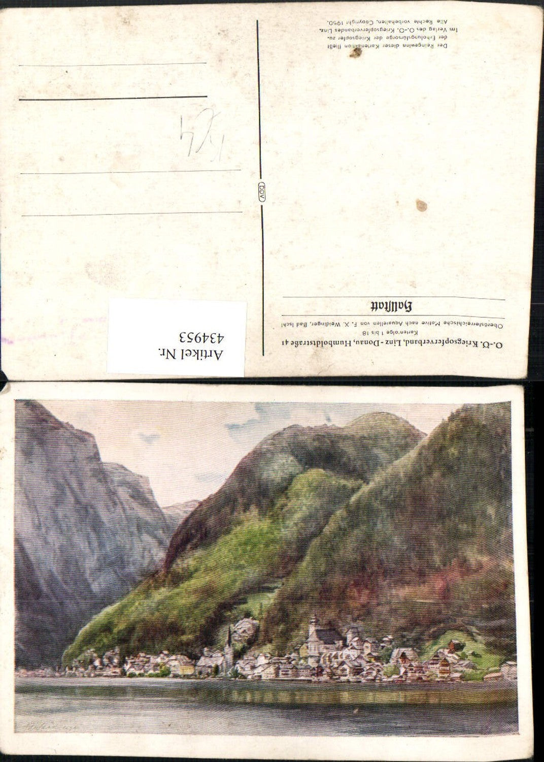 434953,Künstler AK F. X. Weidinger Hallstatt Totale Bergkulisse