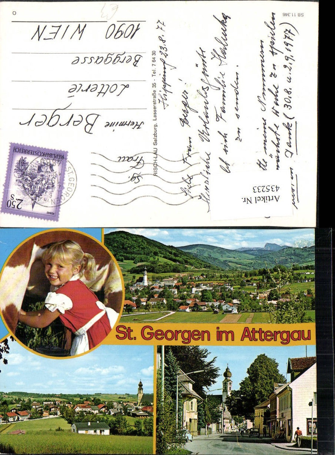 435233, St. Georgen im Attergau, general street view, girl milking, multi-view postcard