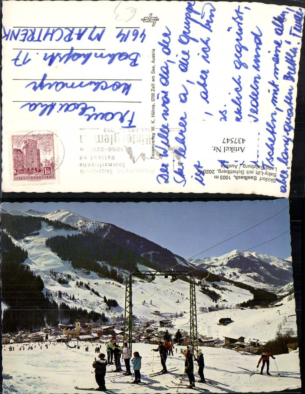 437547,Saalbach Totale Baby-Lift Skifahrer Bergkulisse Winterbild