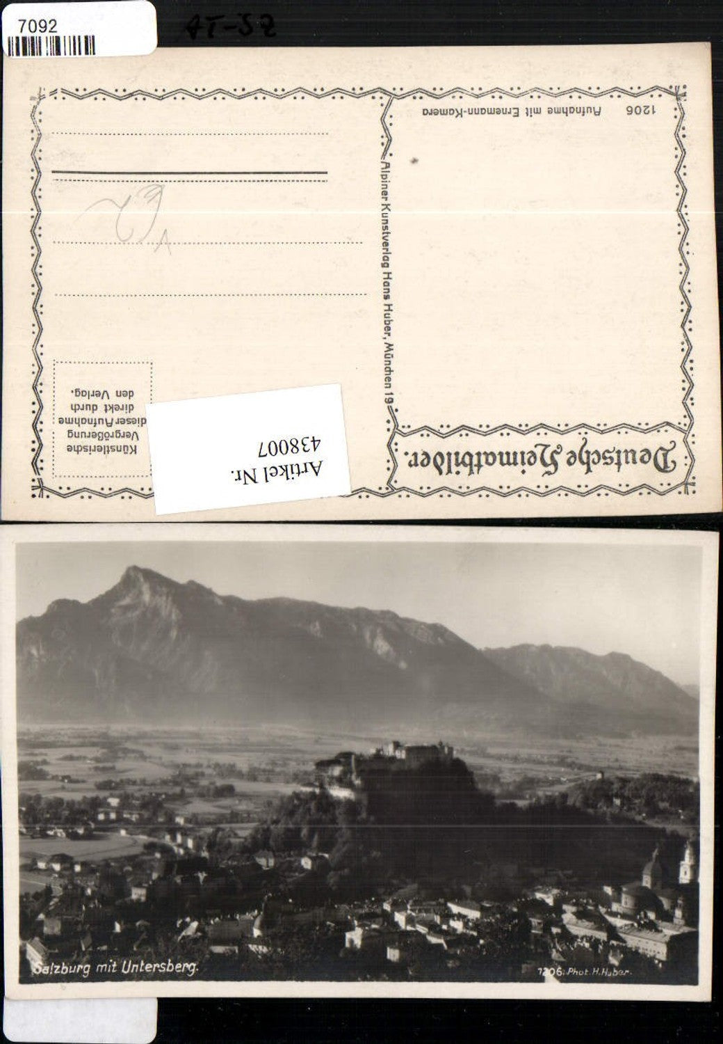 438007,Salzburg Teilansicht m. Festung geg. Untersberg Bergkulisse pub H. Huber 1206