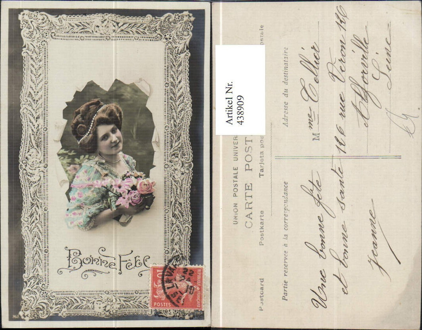 438909,Frau Lockenpracht Perlenkette i. Haar Rosen Blumen Passepartout