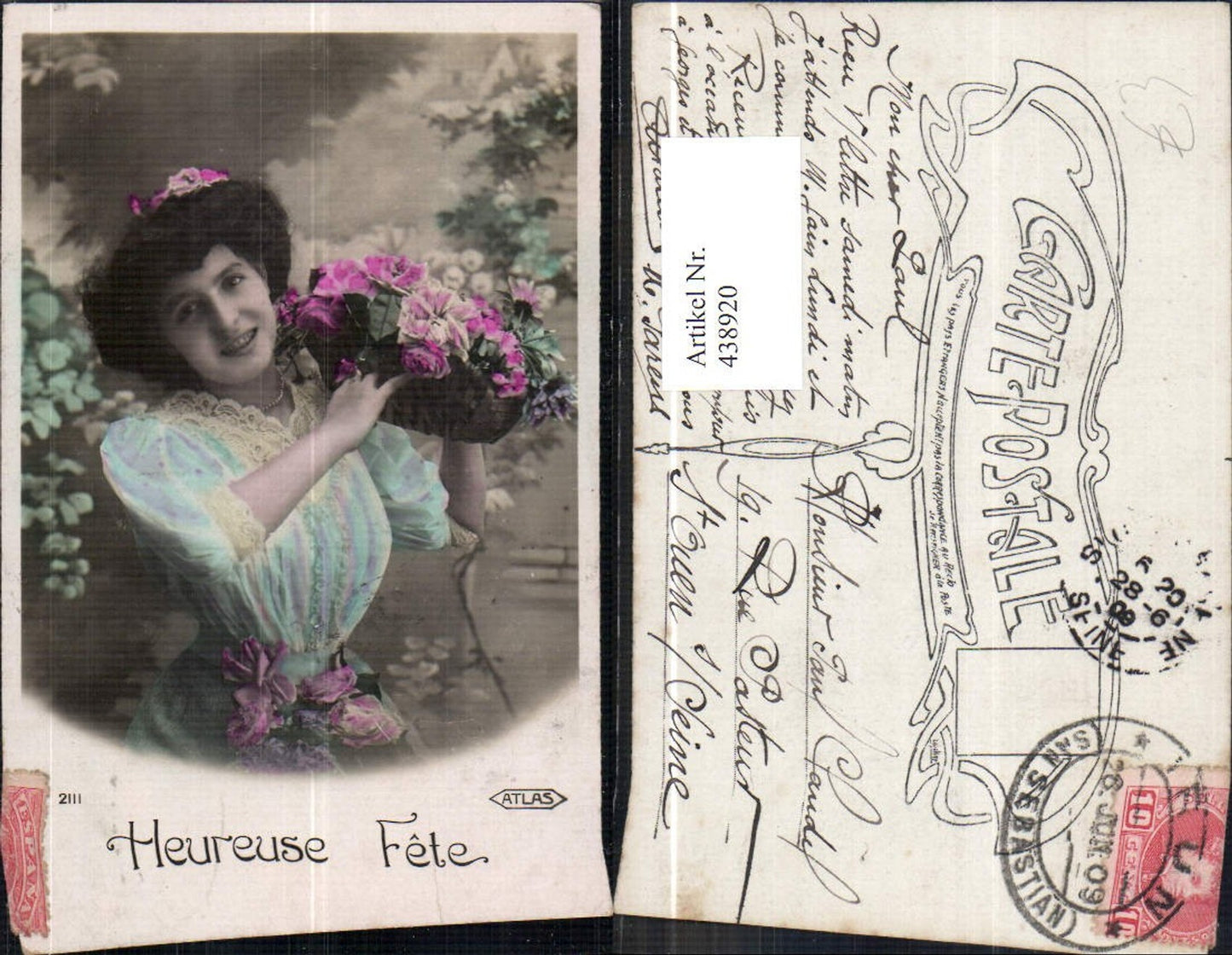 438920,Frau Blumen i. Haar Korb Rosen Heureuse Fete