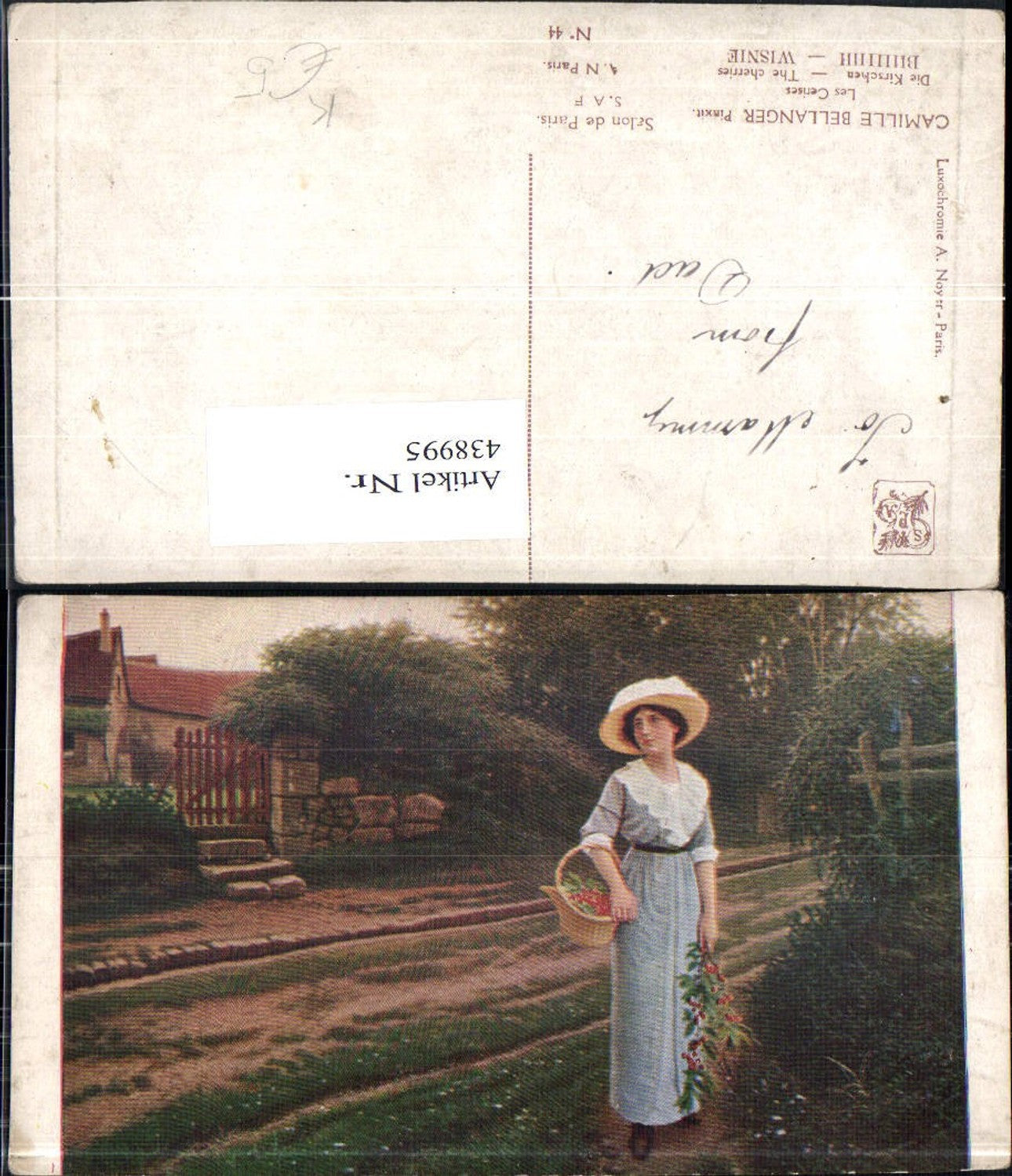 438995,Künstler Ak Camille Bellanger Die Kirschen Frau Hut Korb m. Kirschen