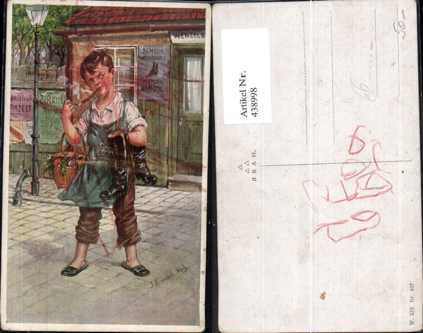 438998,Künstler Ak J. Kränzle Bub Junge Schusterjunge Schuhe a. Schulter Kind rauchen Zigarre