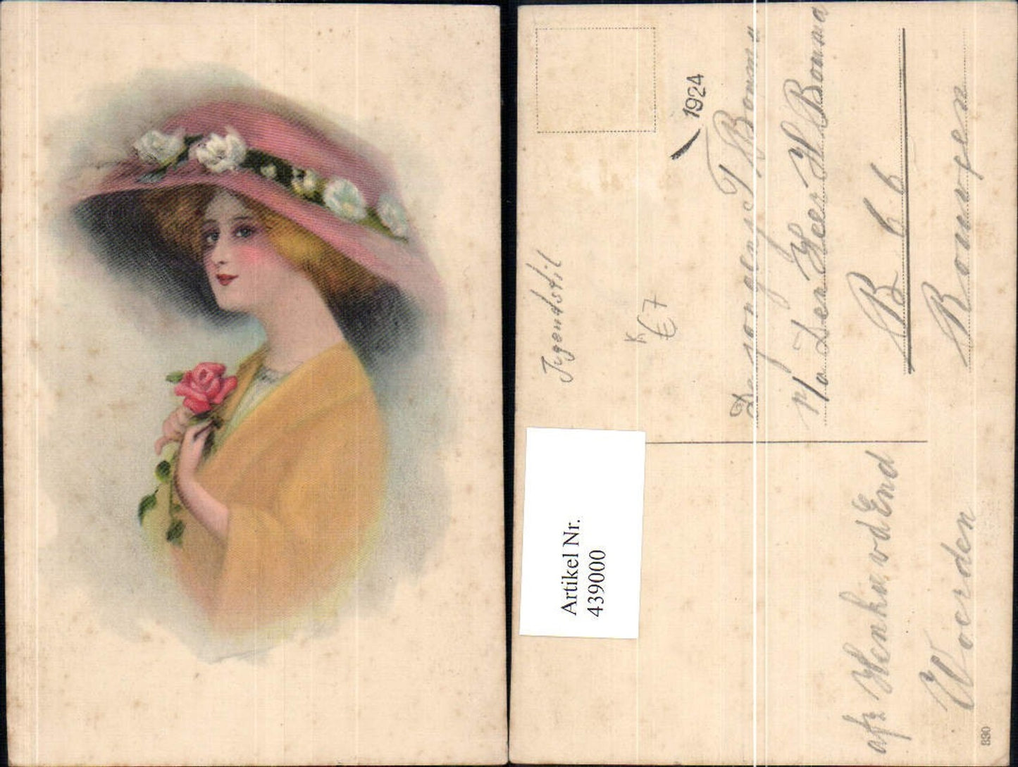 439000,Künstler Ak Frau m. Hut Mode Rose Blume Portrait