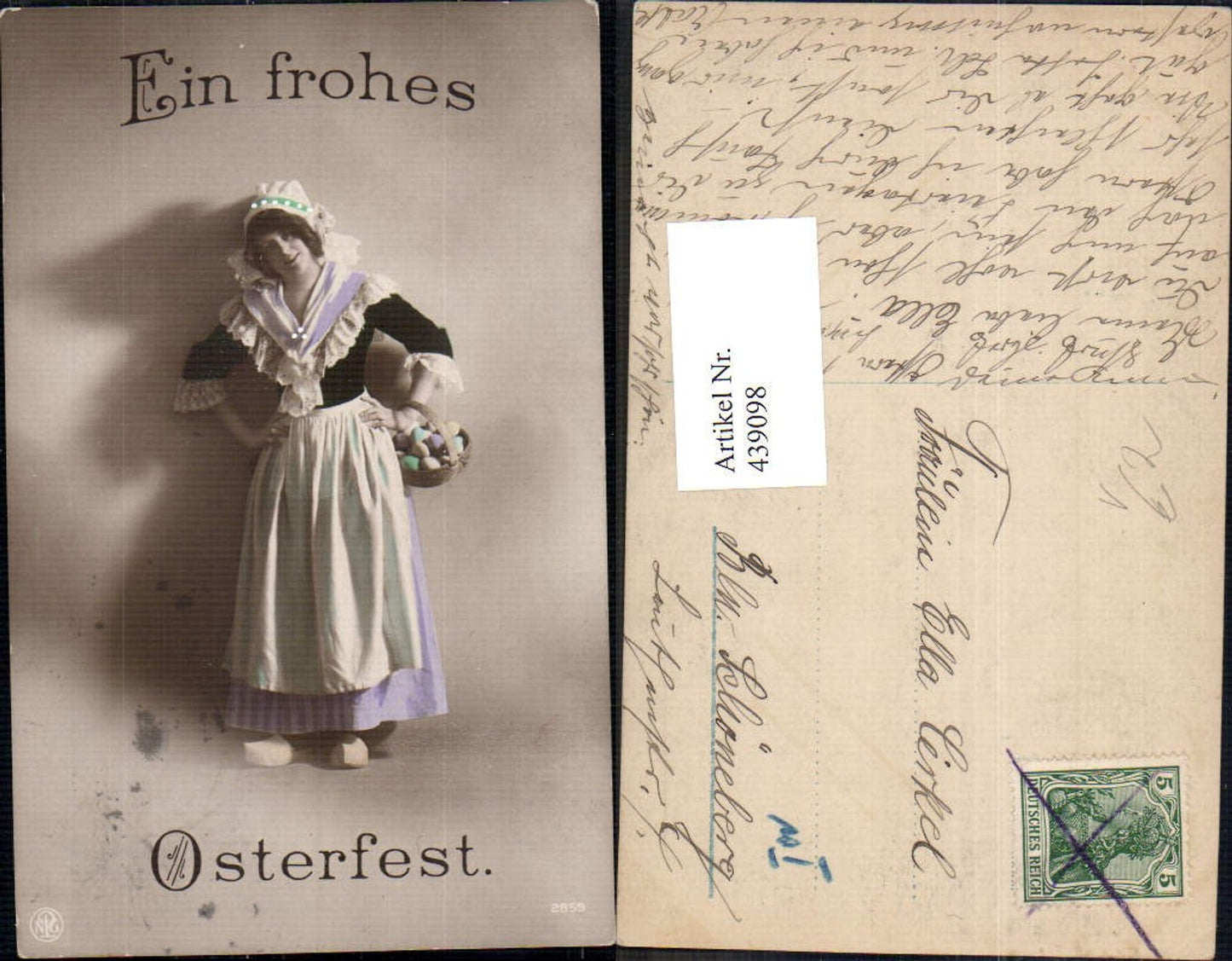 439098,Foto Ak Frau Haube Korb Eier Holzschuhe Ostern Trachten Niederlande pub NPG 2859