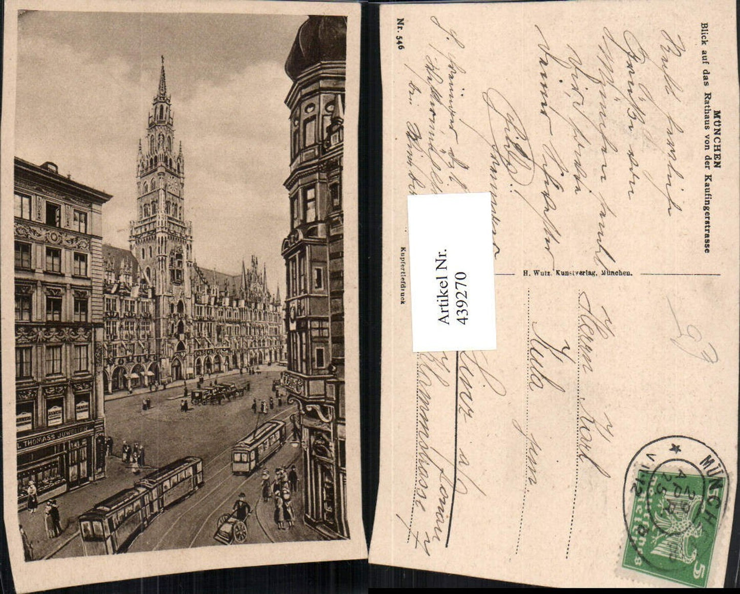 439270,Künstler AK München Rathaus von d. Kaufingerstraße Straßenbahnen