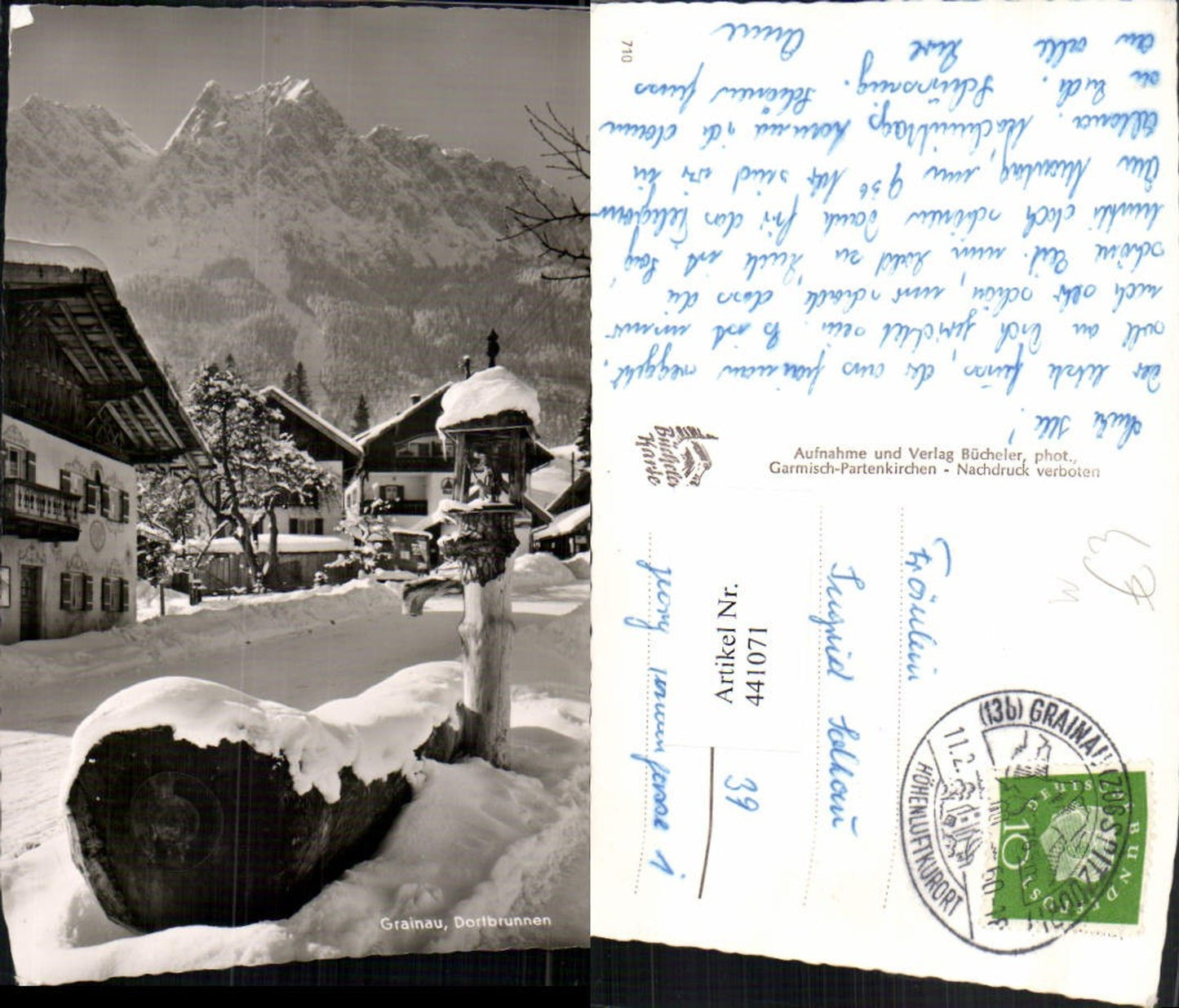441071,Grainau Dorfbrunnen Bergkulisse Winterbild