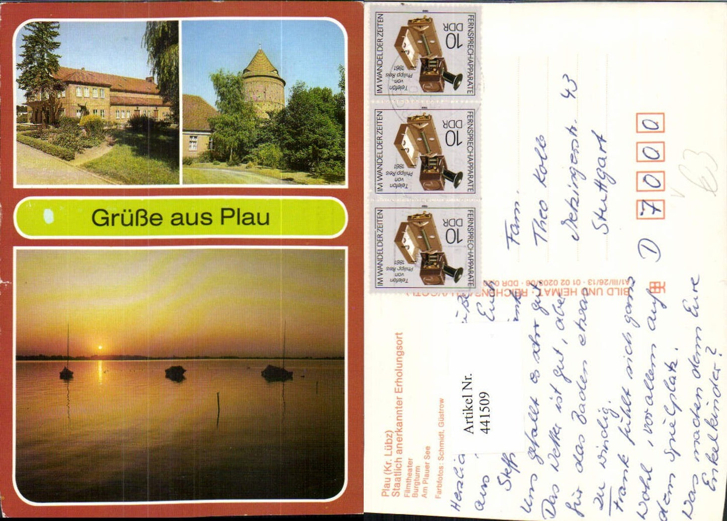 441509,Gruß aus Plau Filmtheater Burgturm See Mehrbildkarte pub VEB
