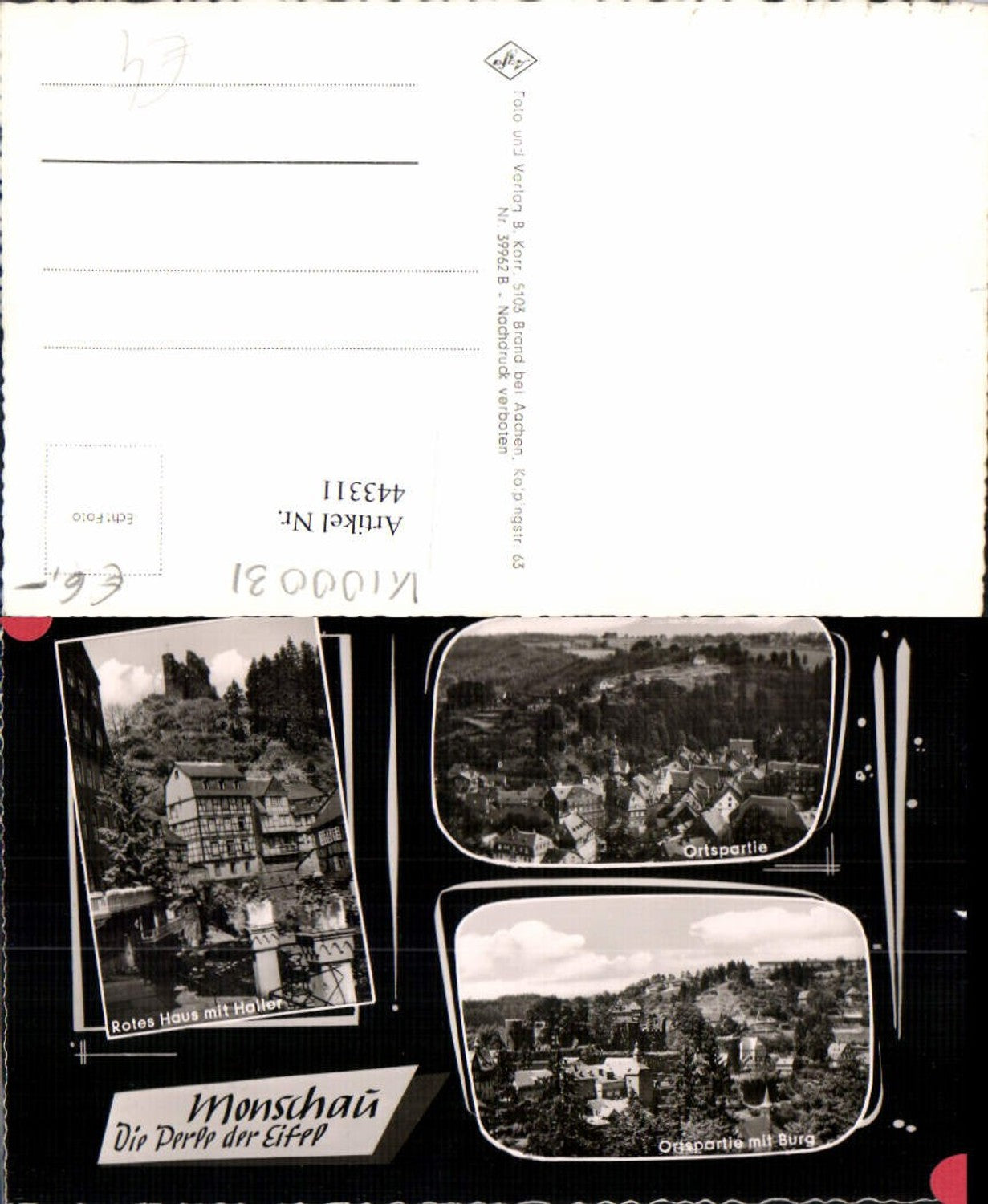 443311,Monschau in d. Eifel Totale Burg Rotes Haus Mehrbildkarte