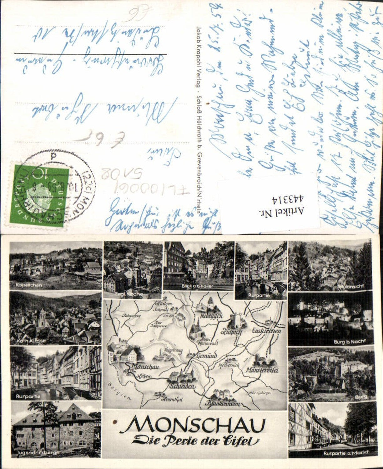 443314,Monschau in d. Eifel Totale Kirche Burg Landkarte Mehrbildkarte