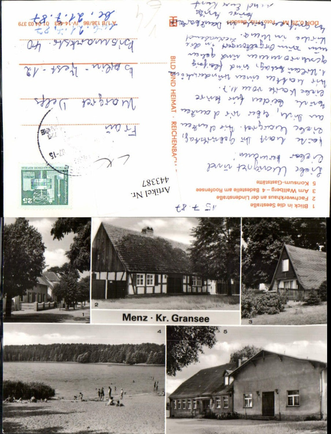 443387, Menz near Stechlin, Seestraße, bathing area, half-timbered house, multi-view map, pub, VEB