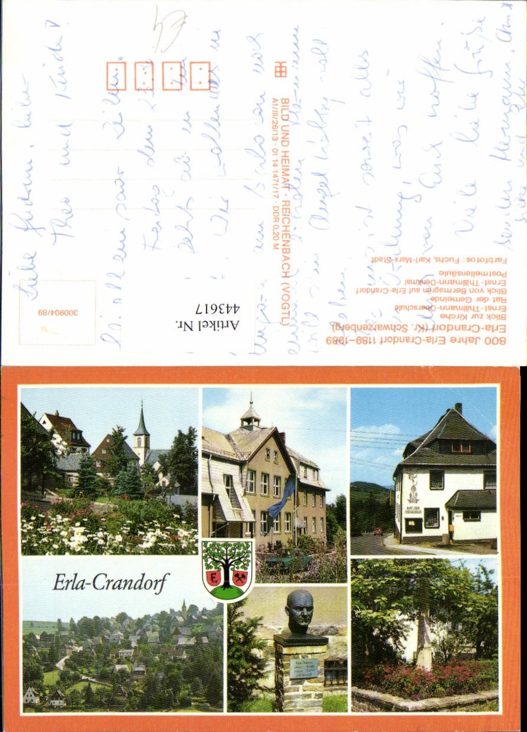 443617,Erla-Crandorf Totale Kirche Schule Büste Mehrbildkarte pub VEB