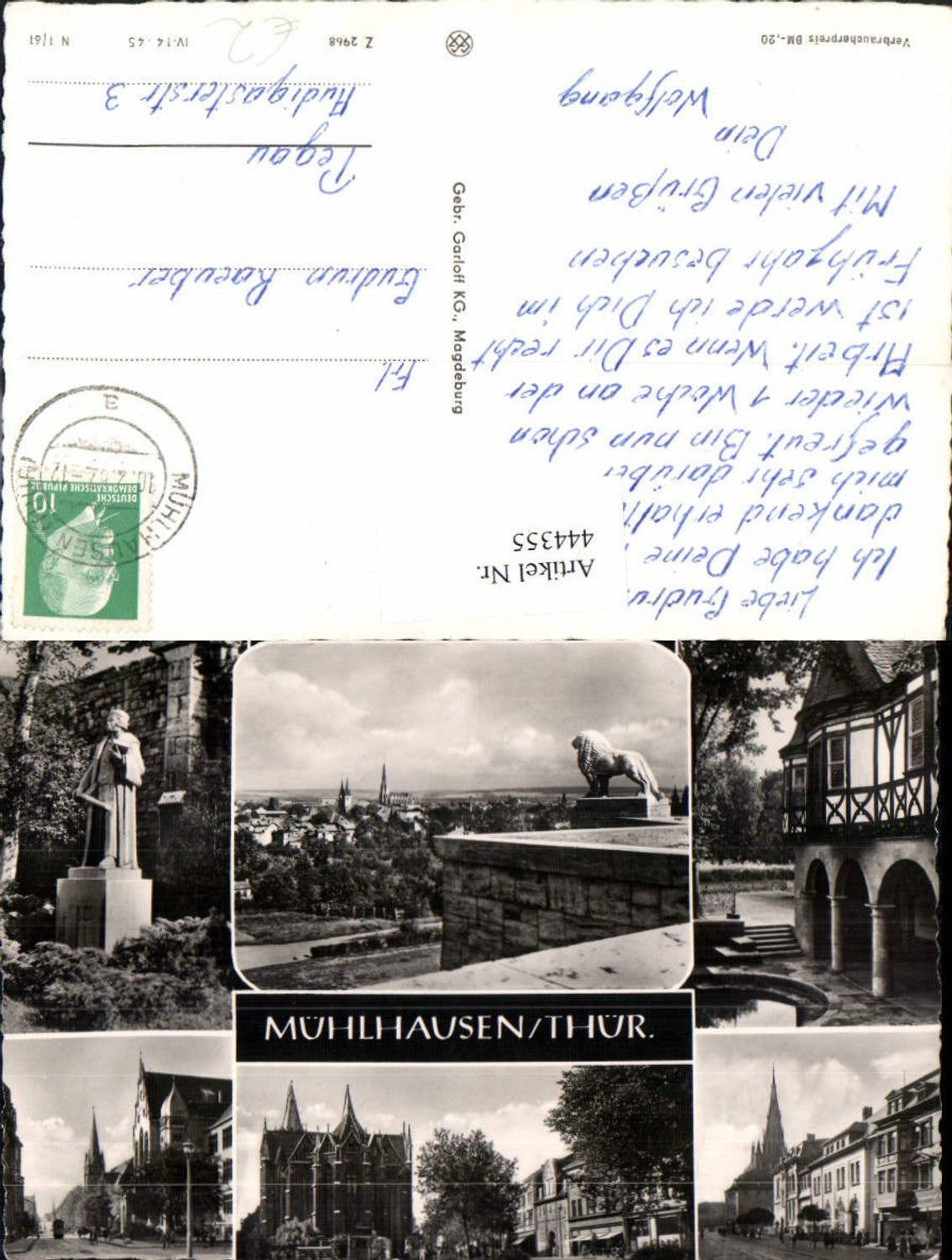 444355,Mühlhausen Totale Kirche Statue Mehrbildkarte