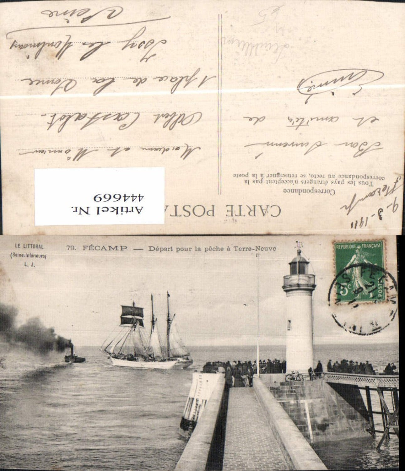 444669,Leuchtturm Fecamp Depart pour la peche a Terre Neuve Segelschiff