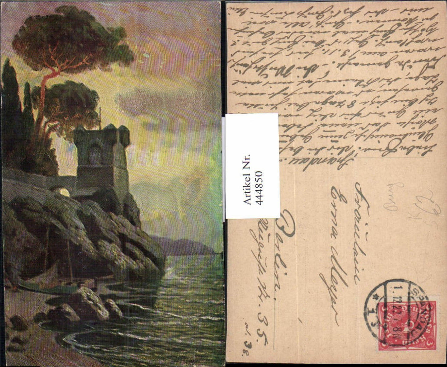 444850,Künstler Ak Burg auf Felsen Segelboot Ufer