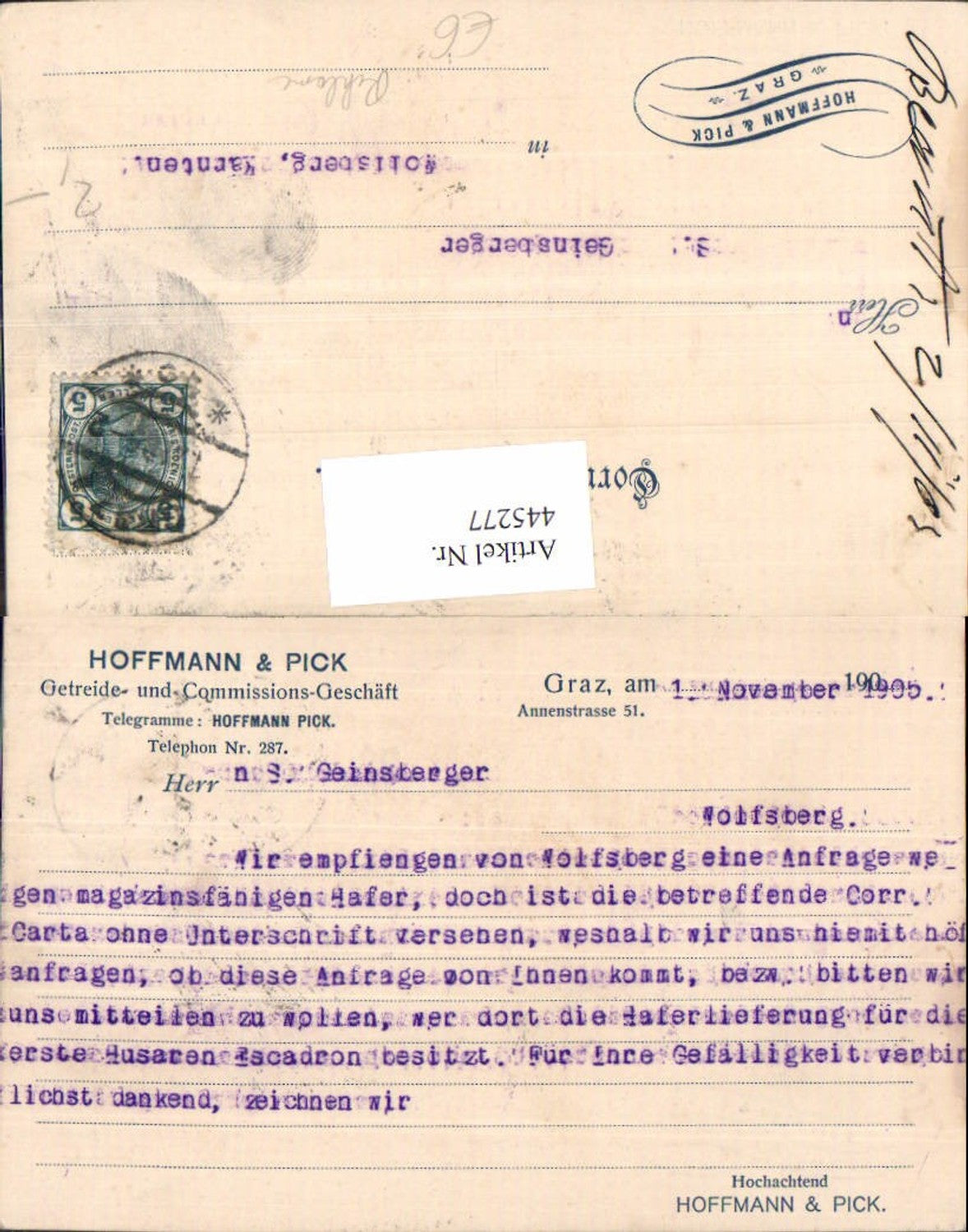 445277,Ganzsache Reklame Hoffmann & Pick Getreide-Geschäft Graz