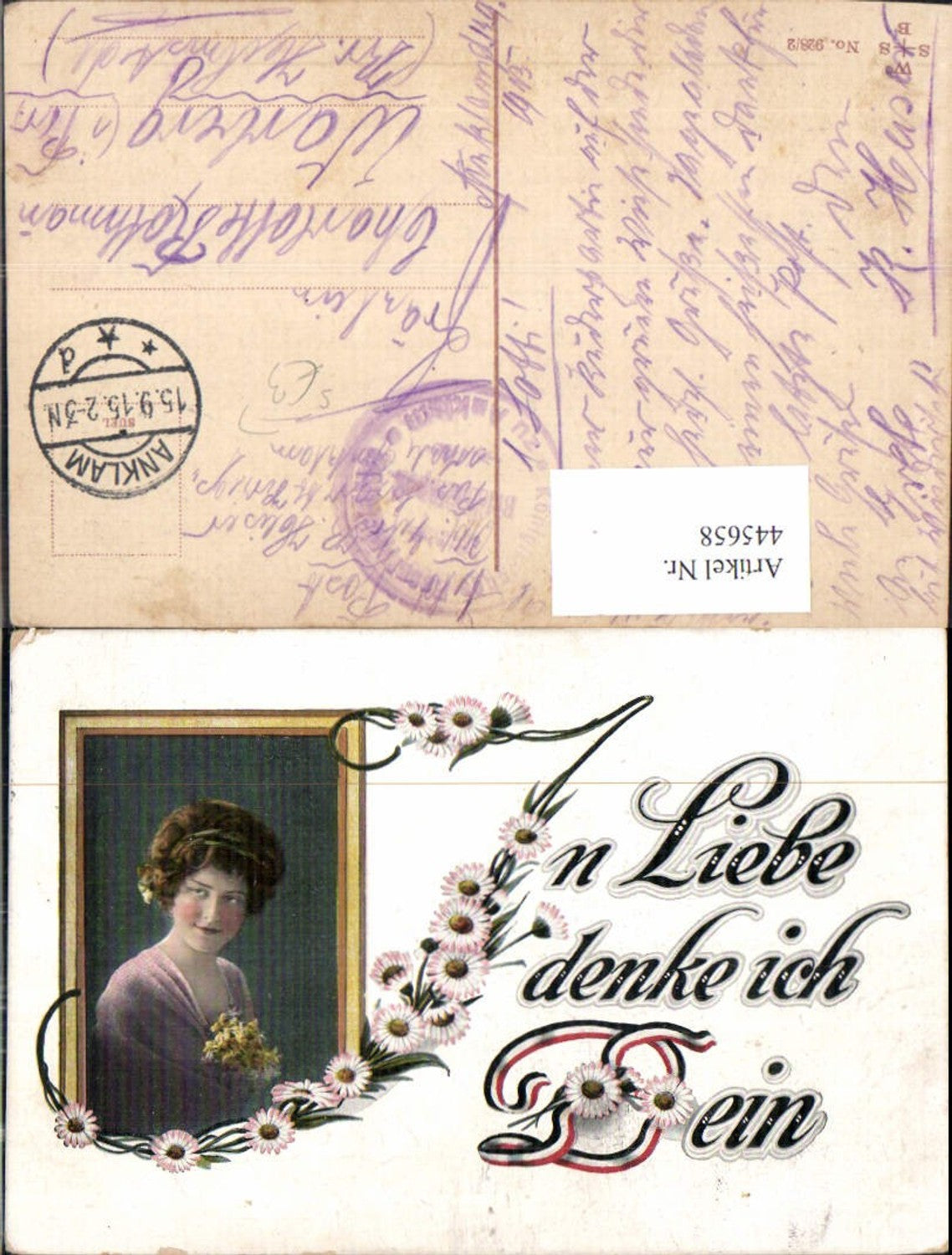 445658,Frau Portrait In Liebe denke ich Dein Patriotik Spruch Blume Stempel Anklam 1915