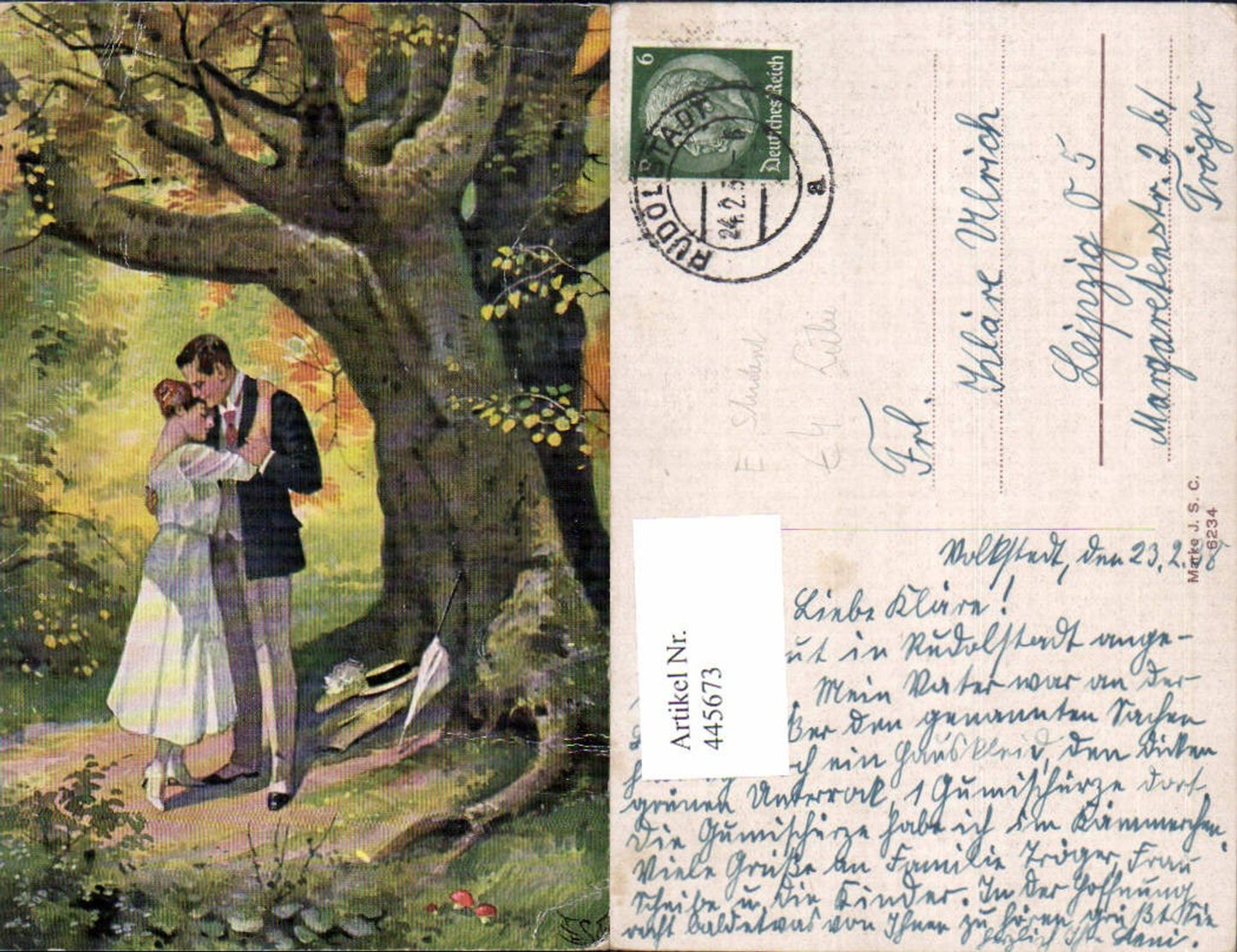 445673,Künstler Ak E. Student Umarmung unter Baum Paar Liebe Schirm Hut