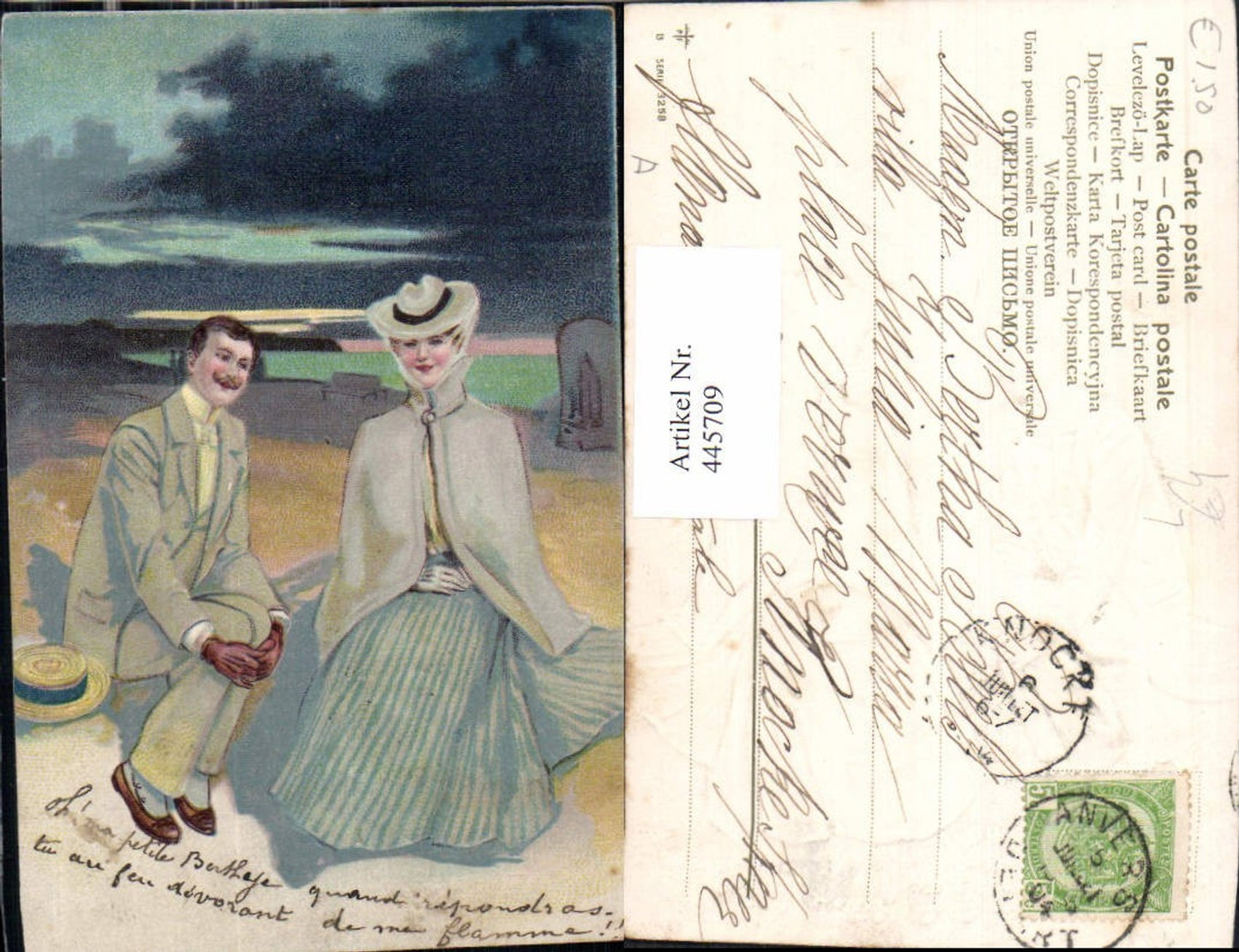 445709,Präge Litho Paar Ufer Strand Liebe