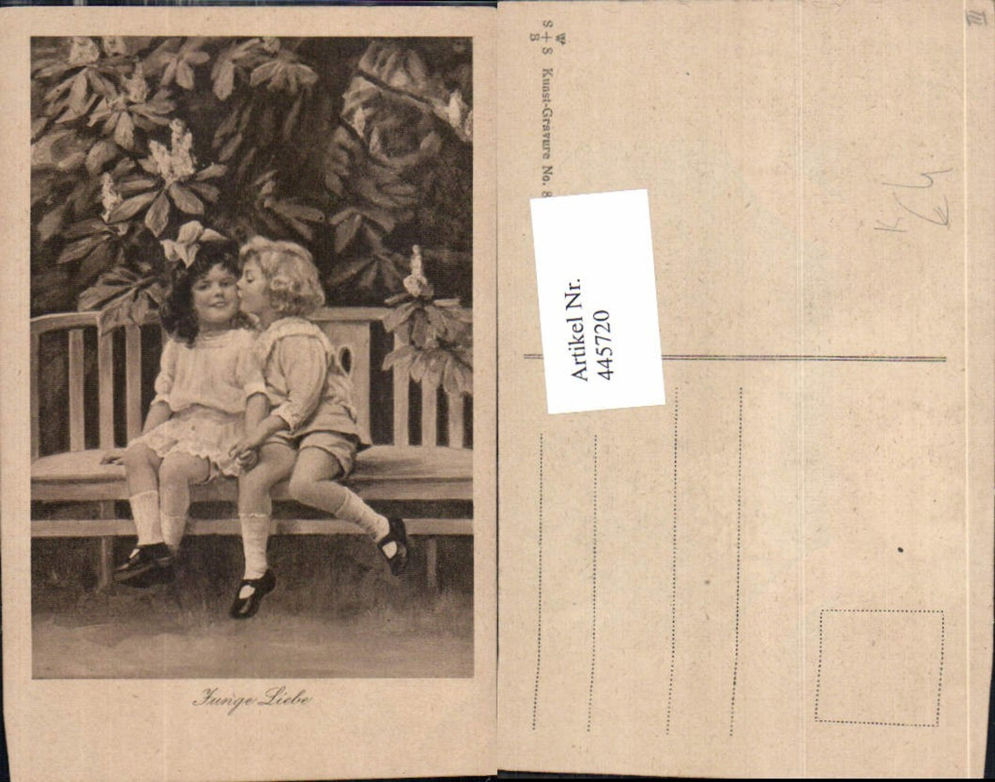 445720,Künstler Ak Junge Liebe Kinder a. Bank Wangenkuss Paar Liebe