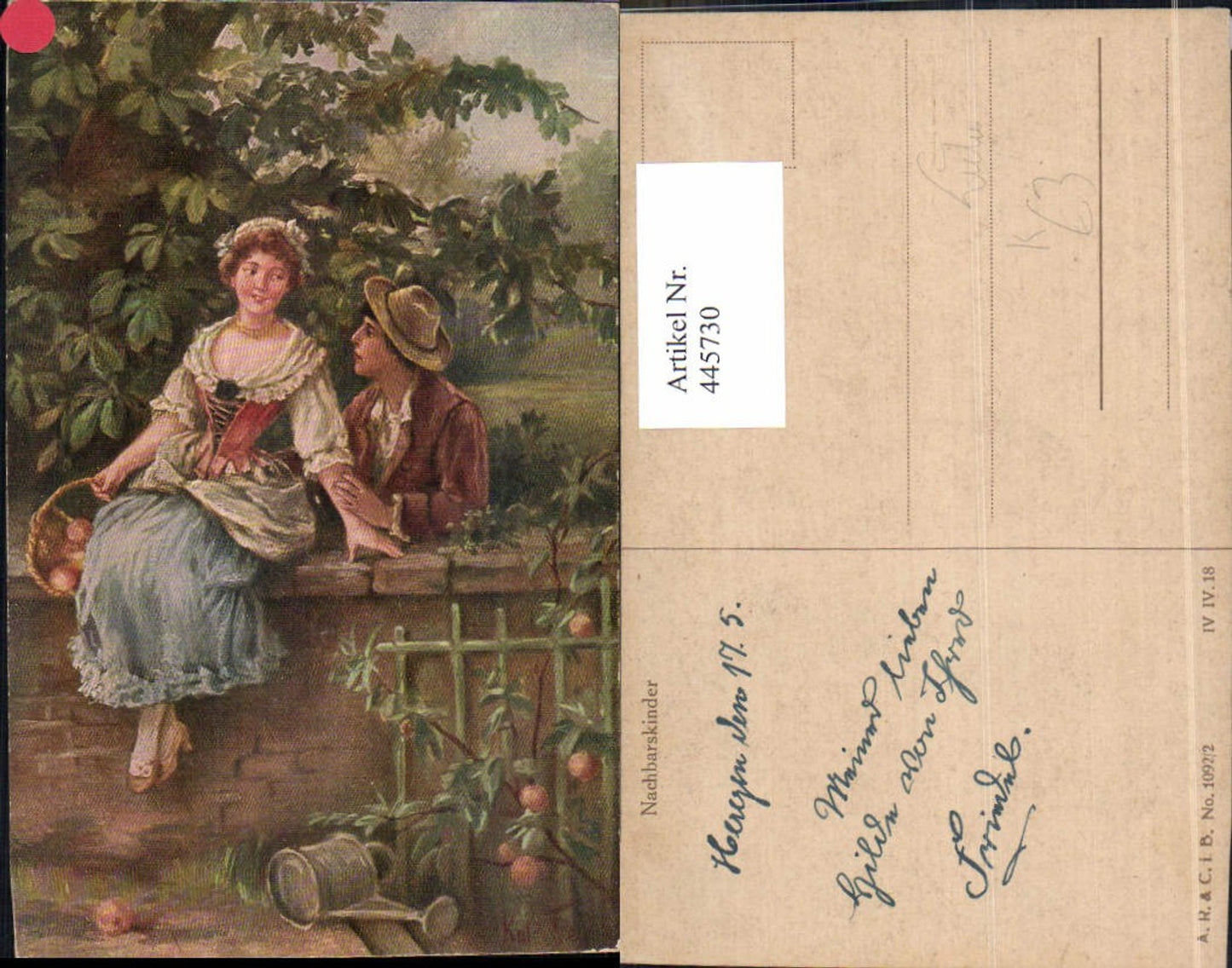 445730,Künstler Ak Nachbarskinder Paar b. Mauer Gießkanne Liebe